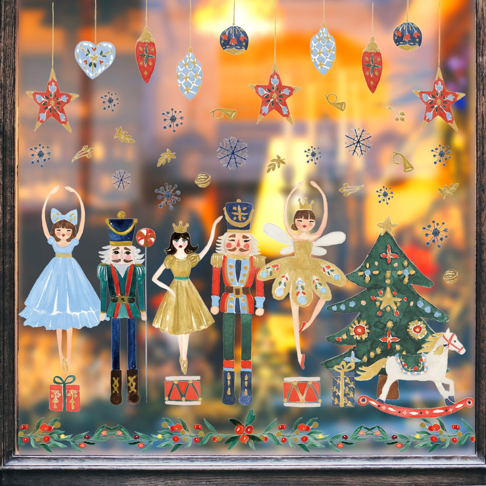 JarThenaAMCS 72Pcs Nutcracker Window Cling Stickers Christmas Watercolor Nutcracker Double-Sided Reusable Window Decals for Xmas Winter Party Home Office Classroom Decor, 4 Sheets