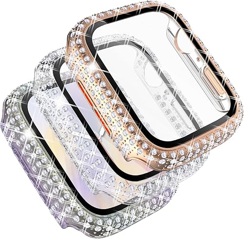 Miniatura 8 de Fullife - Paquete de 3 carcasas con diamantes de cristal de imitación compatibles con Apple Watch de 1.73pulgadas, con protector con vidrio templado