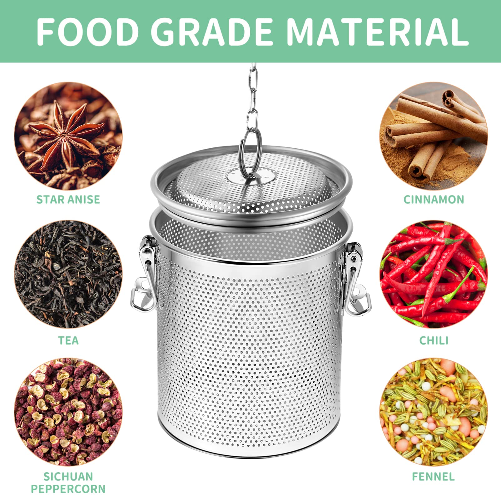 Bola de especias de acero inoxidable, colador de té de malla fina, infusor de té de acero inoxidable con gancho de cadena extendido for condimentos de especias de té de hojas sueltas (4,9 x 5,1 pulgad