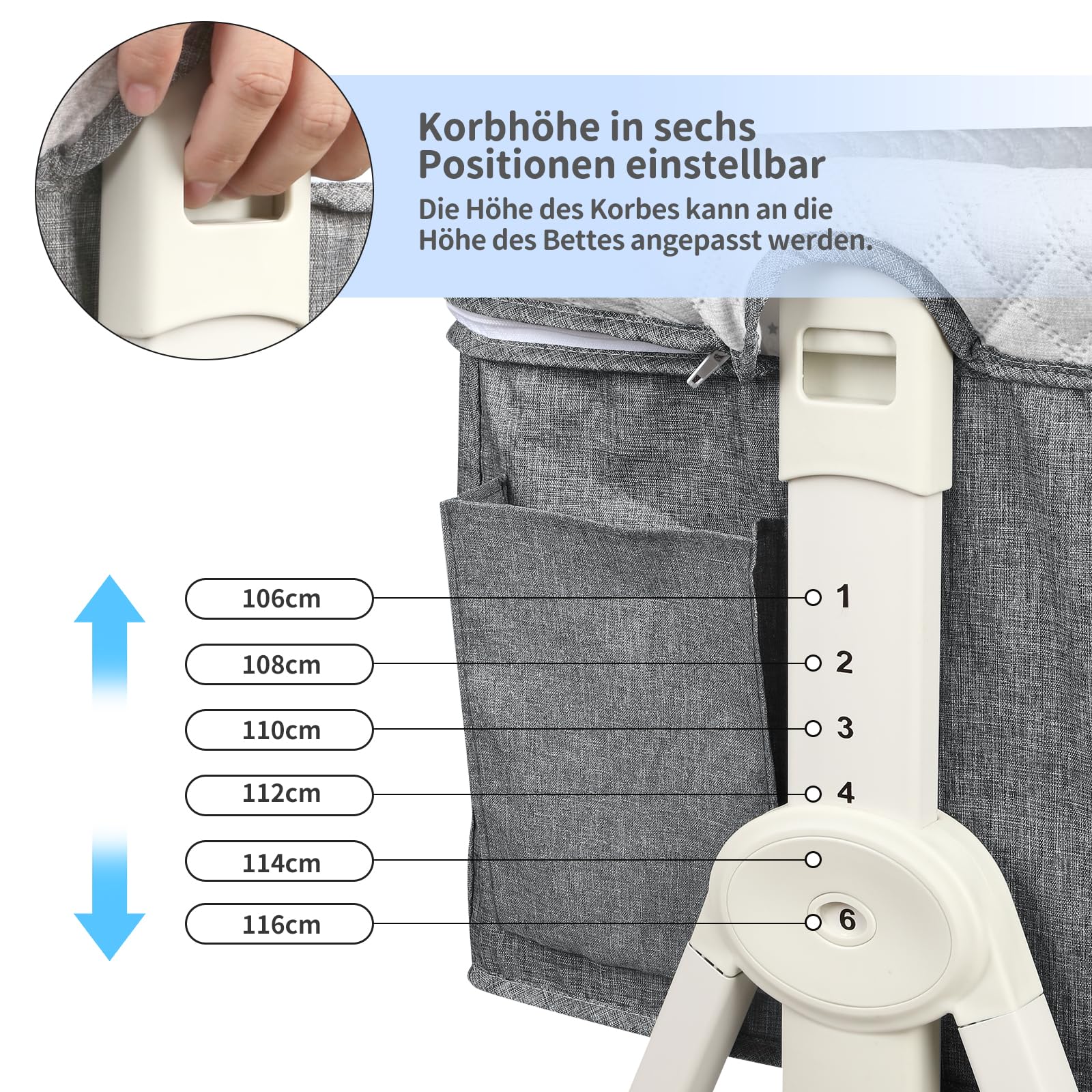 OHMG 3 in 1 Babybett bis 9 kg,Beistellbett,Wiege,Höhenverstellug und Einstellung der Neigung der Matratze,4 Räder mit Bremse Ergonomische Matratze Tasche (95x50x98-110cm(grau))