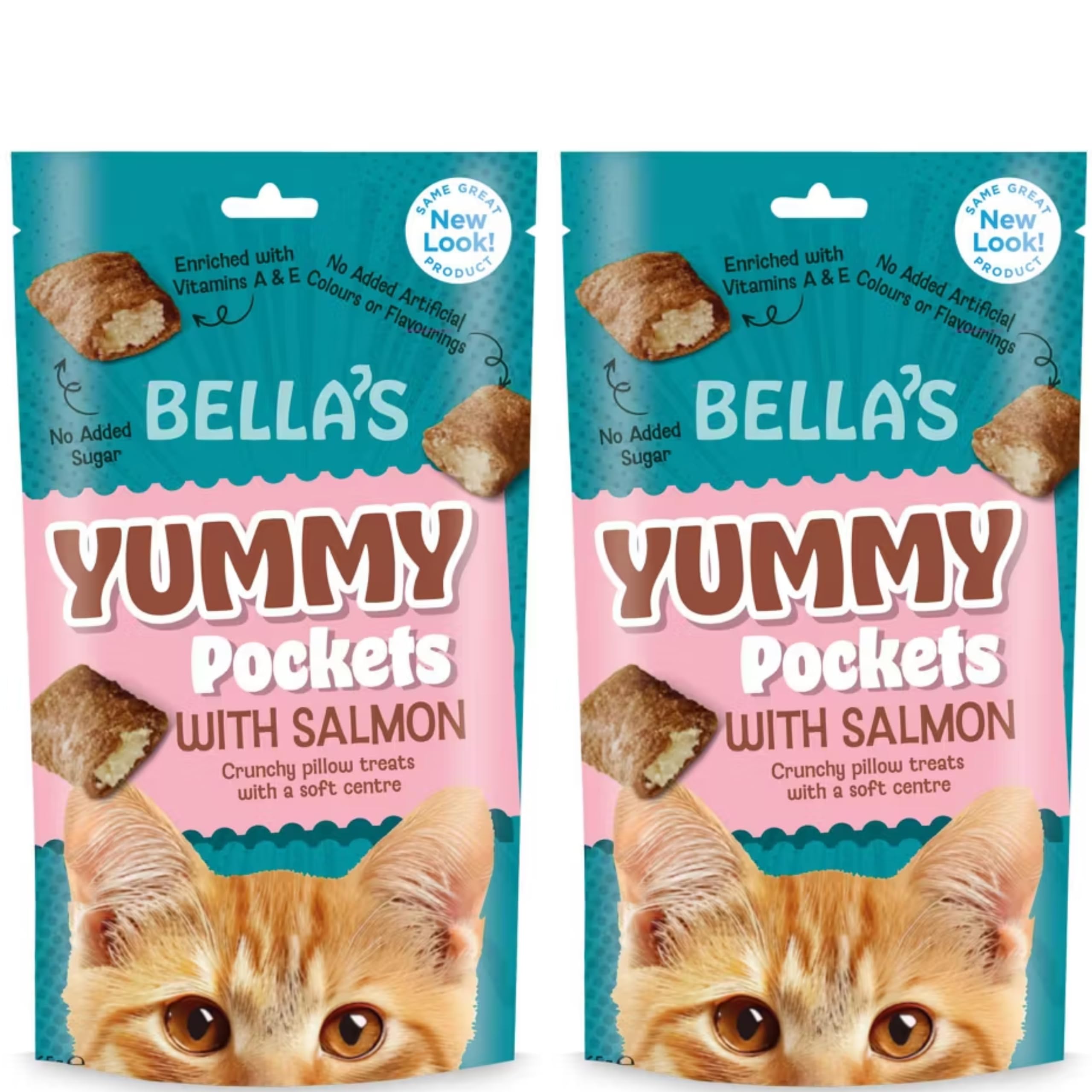 Bella's Yummy Pockets Cat Treats with Catnip, Crunchy Pillow Treats with Soft Centre, Enriched with Vitamins A & E, No Added Sugar, Adult Cat Snacks Pack of 2 (Salmon Flavour)