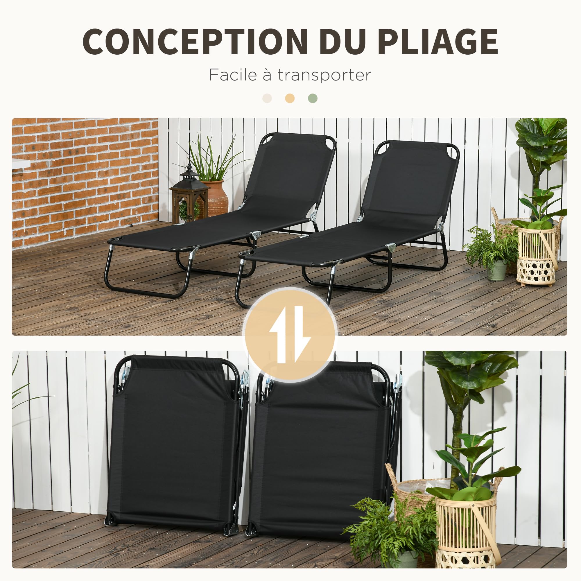 Outsunny Lot de 2 Bain de Soleil Dossier Inclinable 188x56x28cm Noir | Chaise Longue Pliante, Transat Jardin Extérieur, 5 Positions, Structure en Acier, pour Patio, Piscine, Terrasse