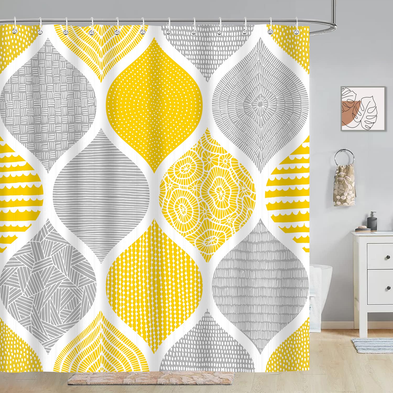 NTETSN Boho Geometric Shower Curtain - Yellow & Brown Vintage 50s/60s Pattern, 72x72", Waterproof - View #7