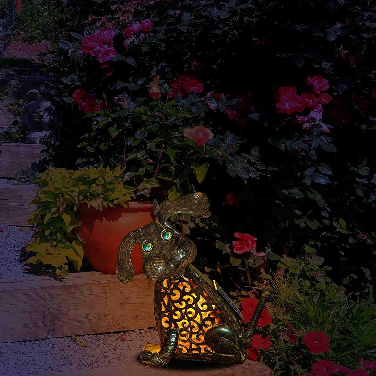 Dog Lantern Garden Statue Lamp Metal Rustic Figurine Vintage Dog Lantern Solar Powered Yard Decorations Zen Puppy Boston Terrier Novelty Night Lights Statues Outdoor Waterproof Yard