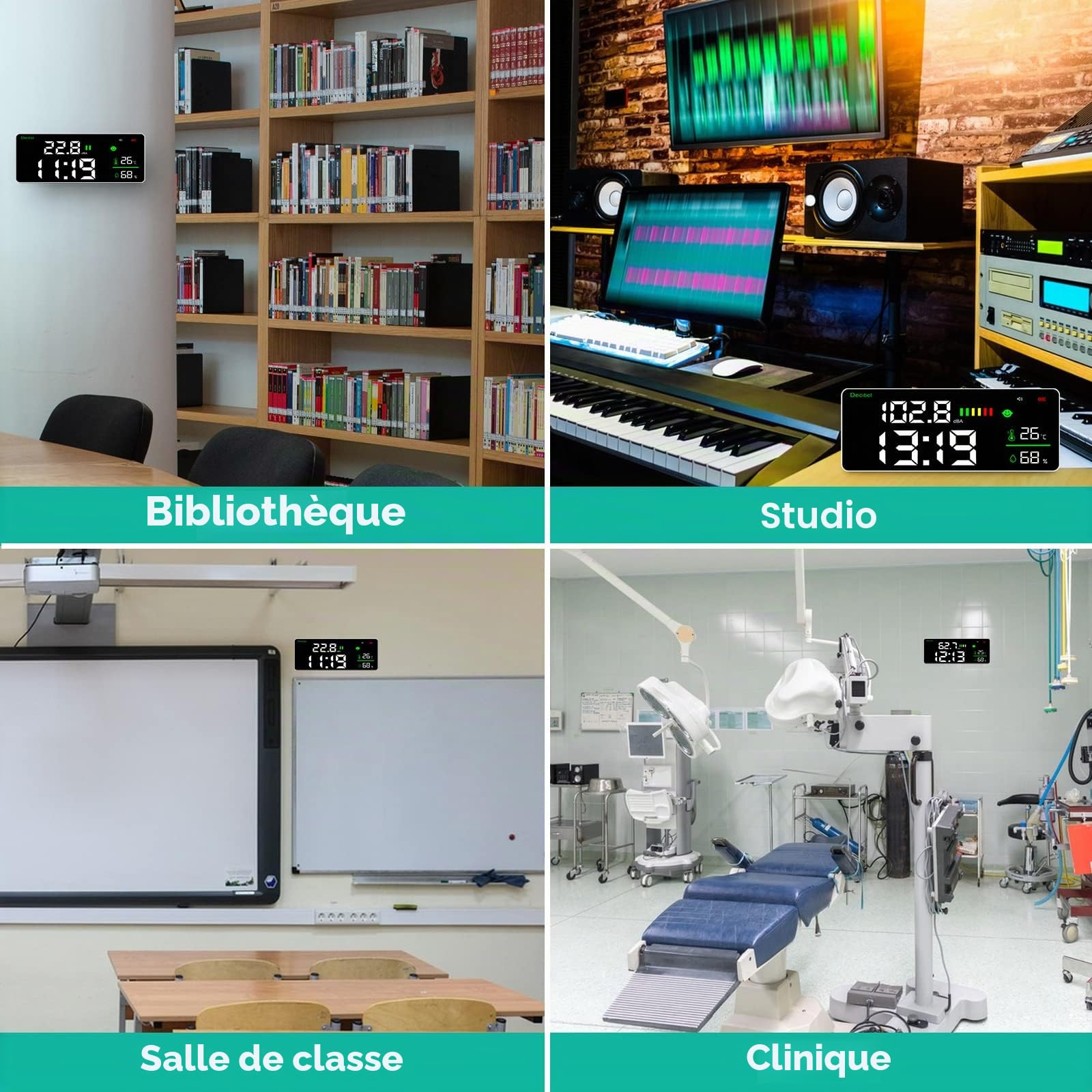 Sonomètre Mural, Grand écran LCD Décibelmètre 30-130 dB, Mesure de Température, Humidité, Décibel Avec Alarme, Moniteur de Bruit Pour Salle de Classe d'usine à Domicile