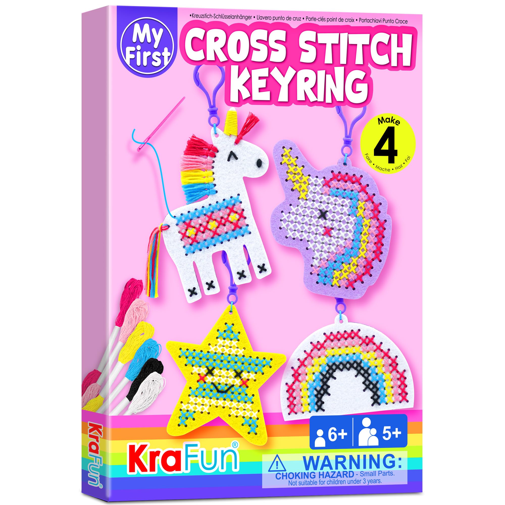 KRAFUN Cross Stitch Kits for Kids Beginners, 4 Unicorn Cross Stitching Keyrings Arts & Crafts, Needlepoint Embroidery Kit for Girls 5-13 Craft Kit