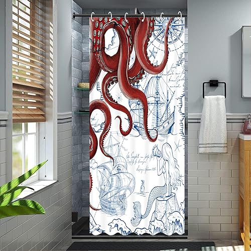 Miniatura 5 de Cortina de Ducha Puesto Náutica de Pulpo Rojo Azul Marino Sirena Divertida Océano Kraken Cortinas de Ducha para Baño Ancla Genial Mapa Costero Tela