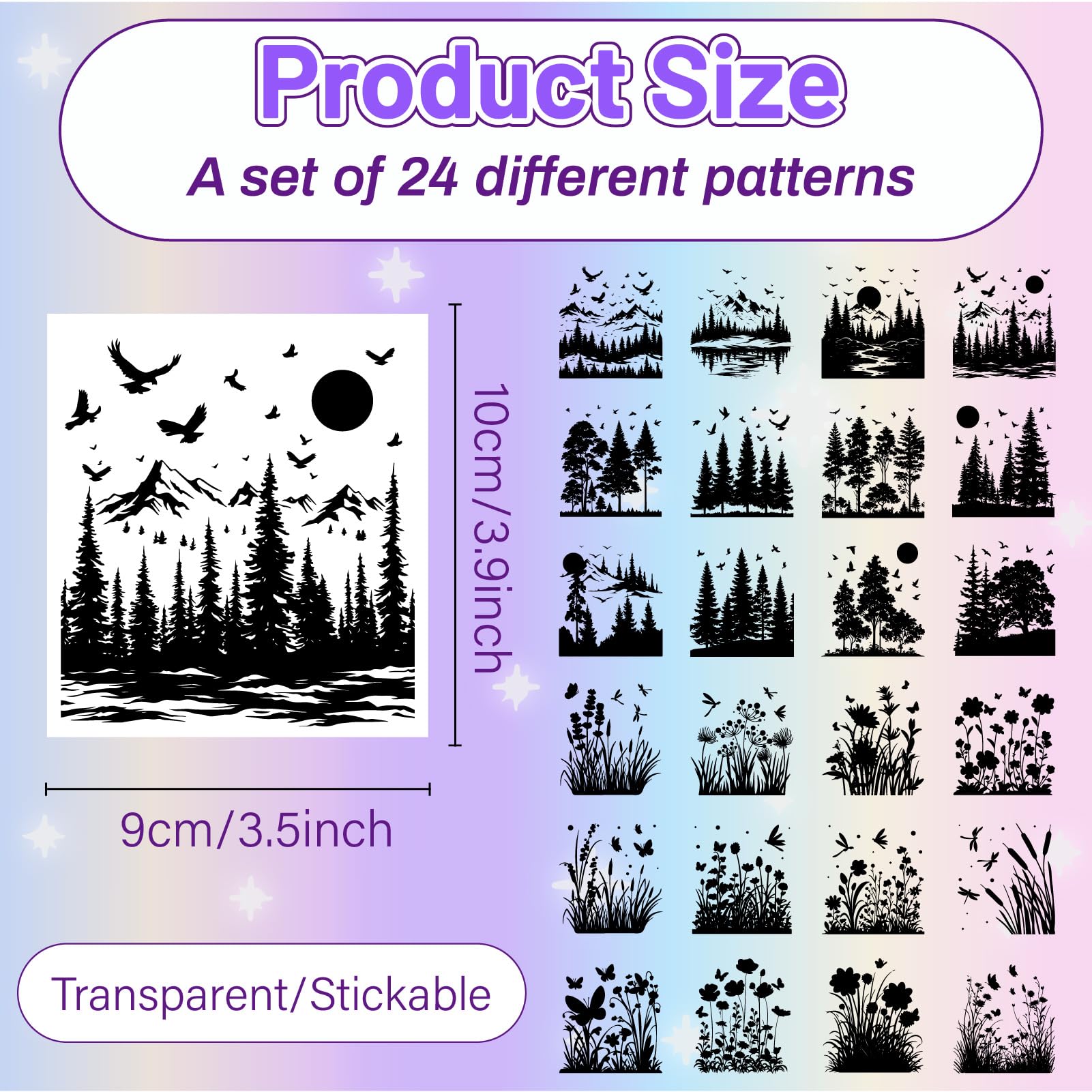 CREATCABIN 24PCS Forest Plants Silhouettes Jar Stickers Lantern Jar Decals Landscape Silhouettes Self-Adhesive Cutouts Paper Waterproof PVC Cutouts Decals for Wall Windows Glass 3.5x3.9in