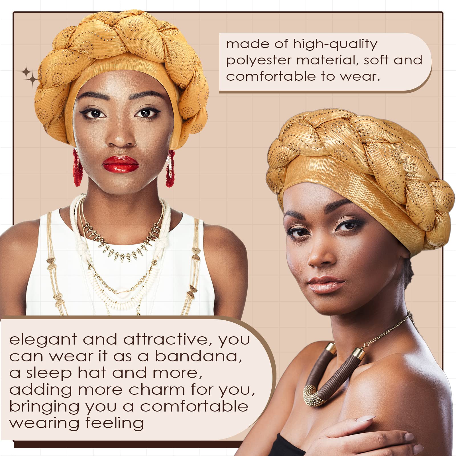 4 Stück afrikanischer Turban-Kopfwickel für Frauen und Mädchen, geflochtene Kristalle, Kopf-Turbane, weiche, gedrehte Wickelkappen für Frauen, Größe M