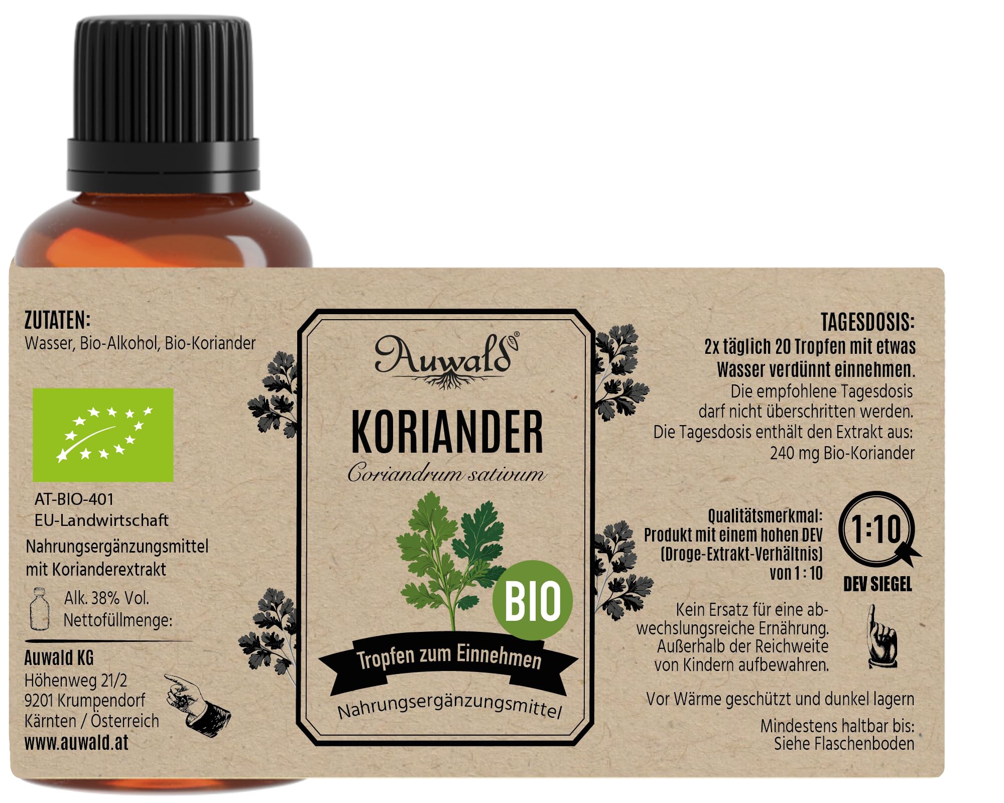 Auwald Koriander Tropfen BIO 100ml – Hochwertiger Auszug, Extrakt, Essenz & Tinktur – 100% BIO Landwirtschaft, Hergestellt in Österreich