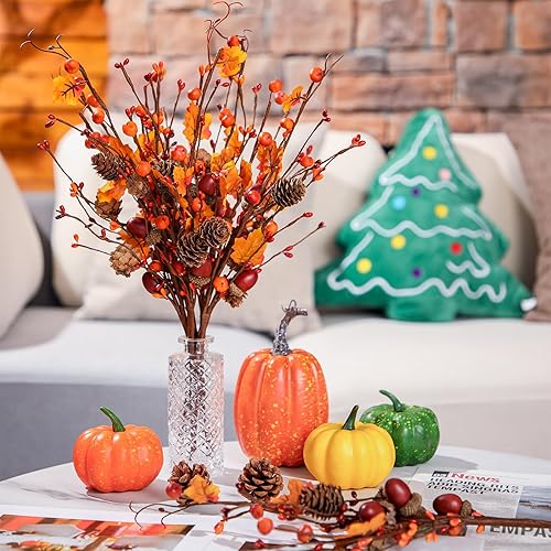Yunlly 12 piezas de tallos de otoño artificiales de bayas artificiales, hojas de otoño falsas con piñas, hojas de arce, bellotas, planta de otoño