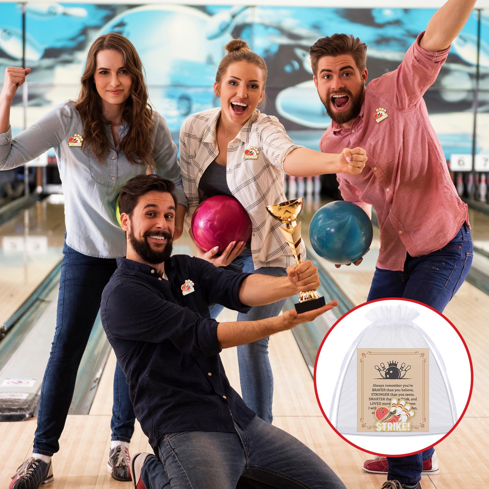 Misdary Bowling Lapel Pins Gifts Include Bowling Pins Cards Organza Bags for Player Sports Lover Birthday Party Favors Game Awards for Backpack Purse Bag Jackets Backpacks Souvenirs Charms