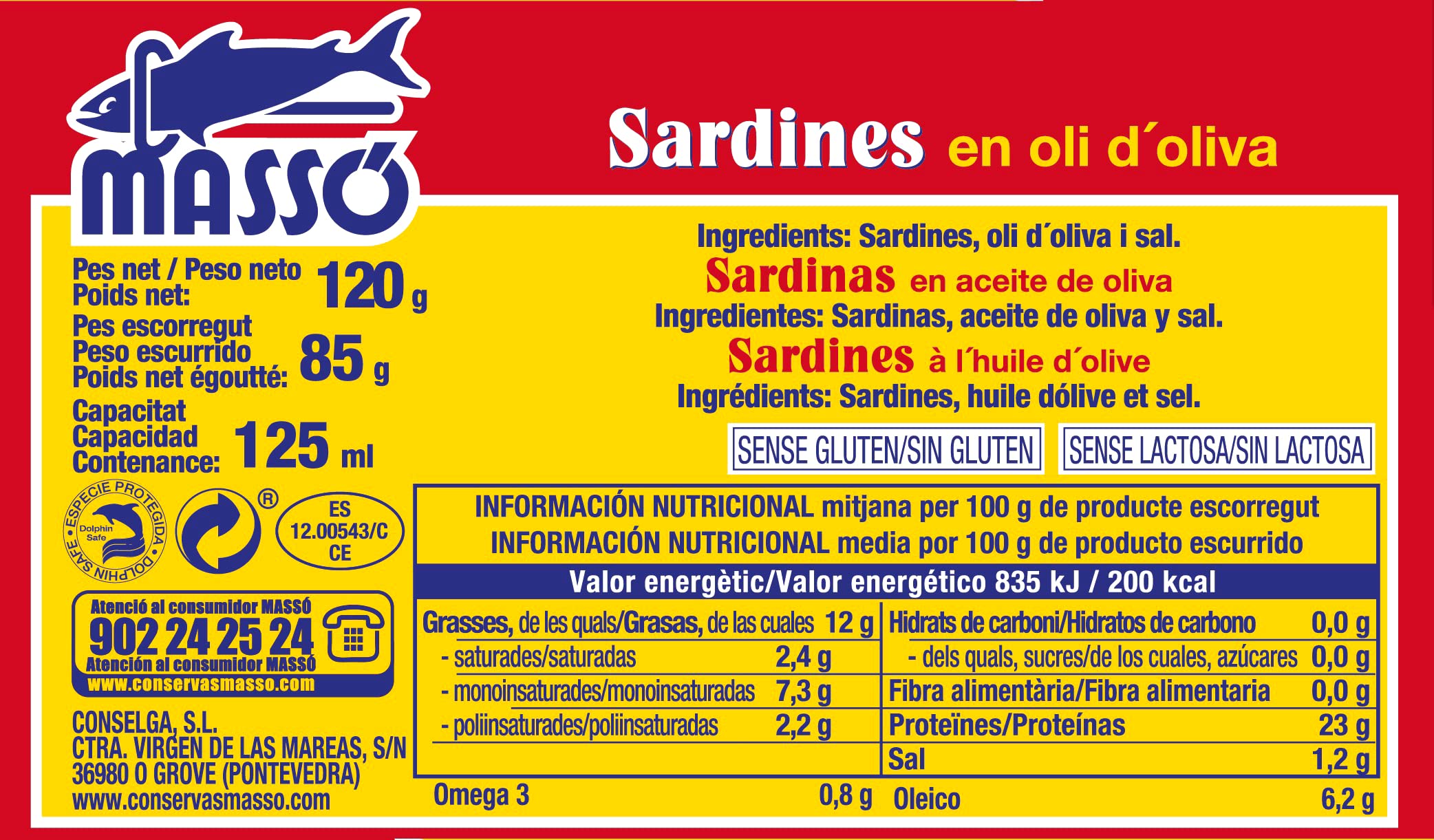 Massó Sardinas en aceite de oliva, 1 pack de 5 latas de 120gr, en catalán.