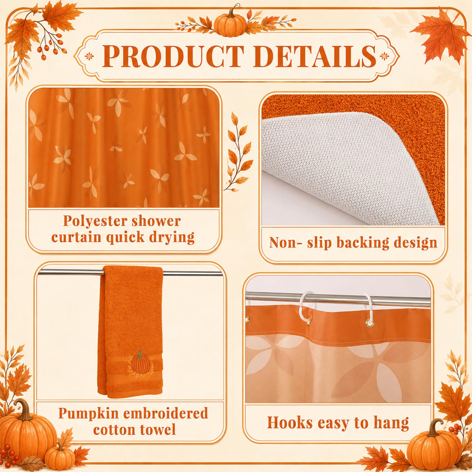 Frienda Duschvorhang-Set mit Teppichen und Handtüchern, Herbstblätter, Badezimmer-Duschvorhang mit Haken, rutschfest, saugfähig, Mikrofaser, Kürbis-Badetücher für Herbst, Badezimmer, Dekoration