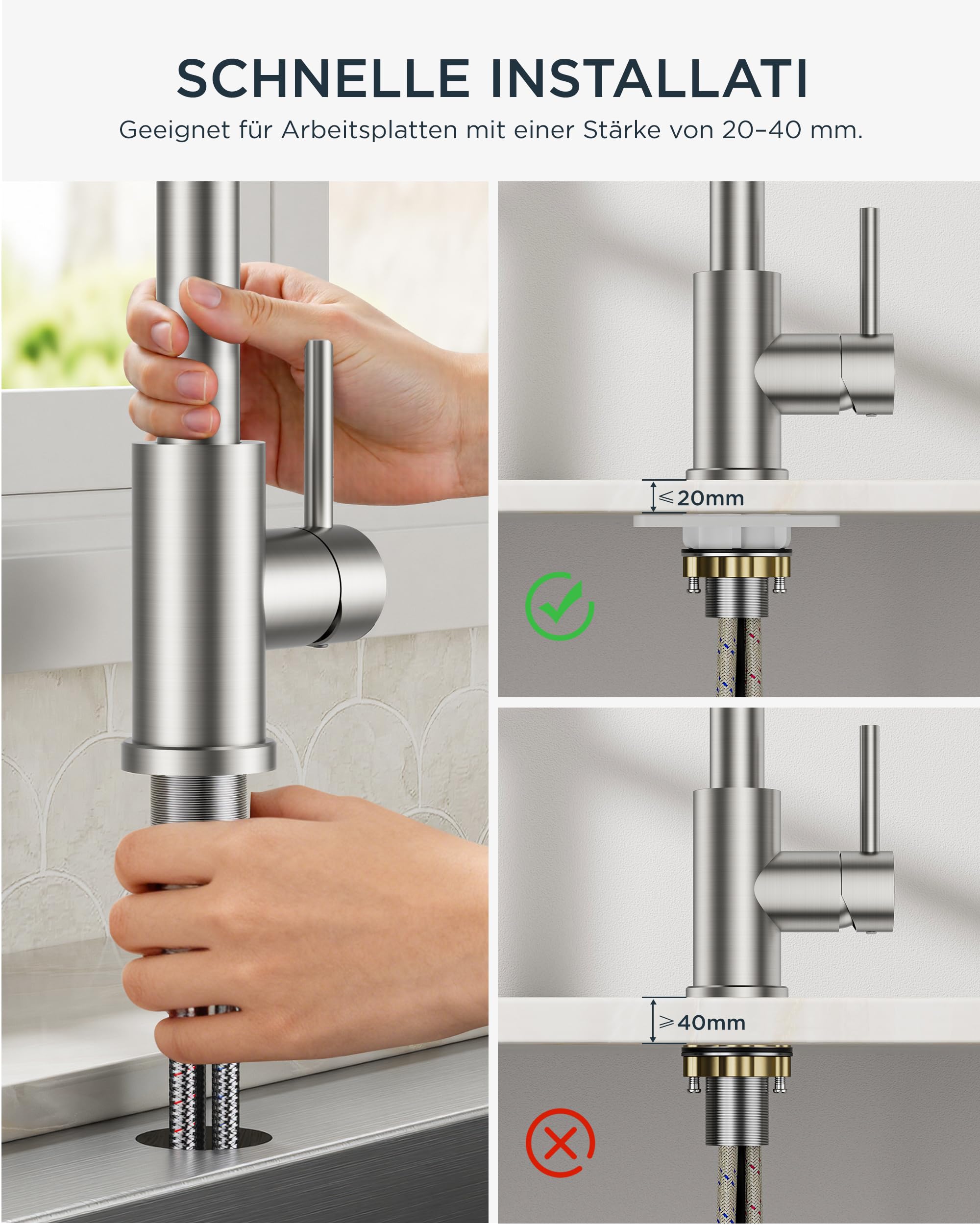 FORIOUS Niederdruck-Küchenarmatur, Einhebel-Warm- und Kaltwasserhahn, Wasserhahn mit 3 anschluessen fuer boiler, geeignet für Boiler und Untertischboiler, Roestvrij Staal