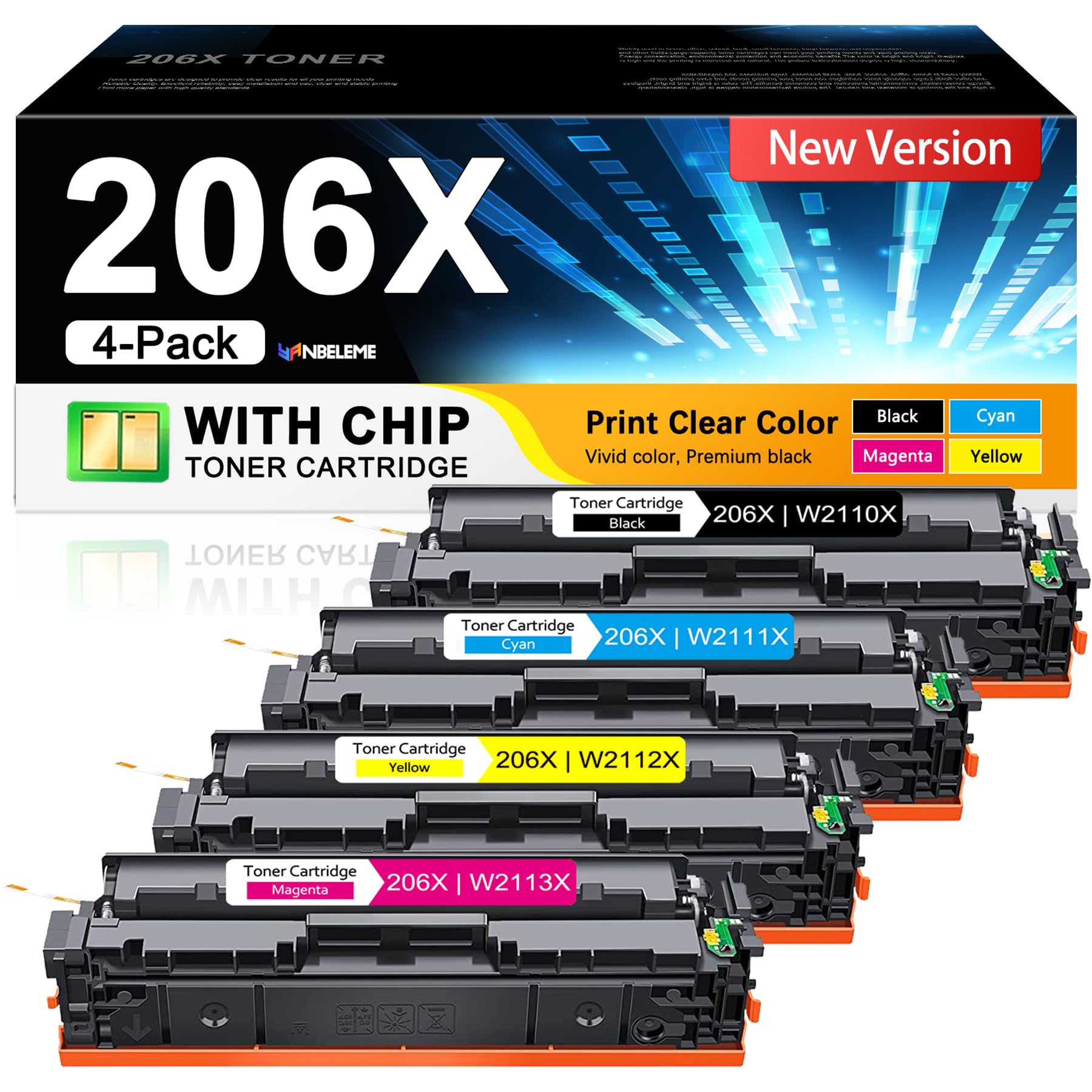 206X Toner Cartridges 4 Pack High Yield (with Chip) :Replacement for HP 206X 206A Set for Color Laserjet Pro MFP M283fdw M283cdw M283fdn M282mw Pro M255dwM255nw M283 M255 Series Printer W2110X