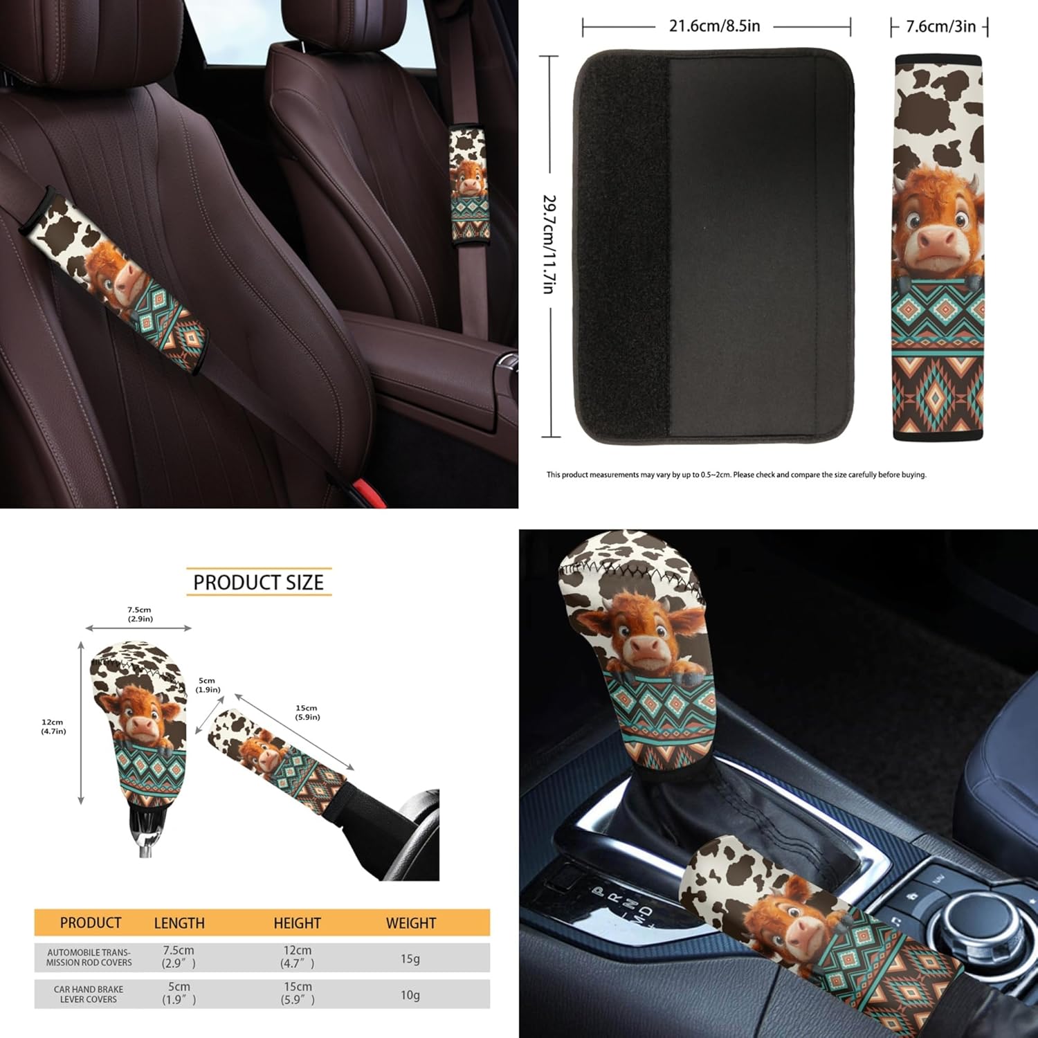 Cow Print 14 Pack Car Accessories Set, Auto Seat Covers Steering Wheel Cover Southwest Aztec Tribal Seatbelt Strap Pad Trash Can Armrest Pad Cup Holders Rearview Mirror Handbrake Cover Set