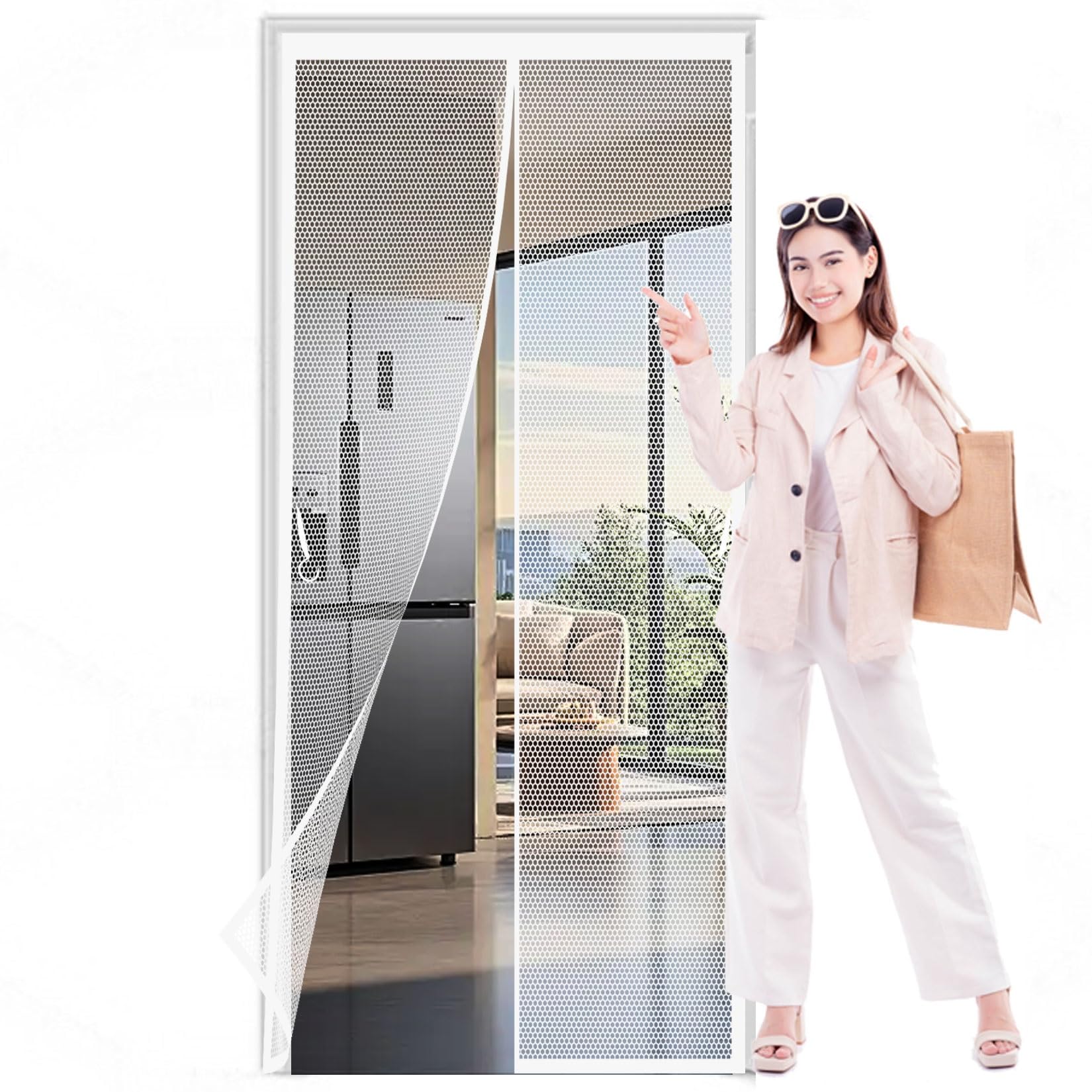 Liujyuan White Mosquito Door Screen 95 X 152 Cm Full Frame Magic Tape, Powerful Magnets Fly Screens For Doors Heavy Duty, Lets Fresh Air For Keeping Out Flies,