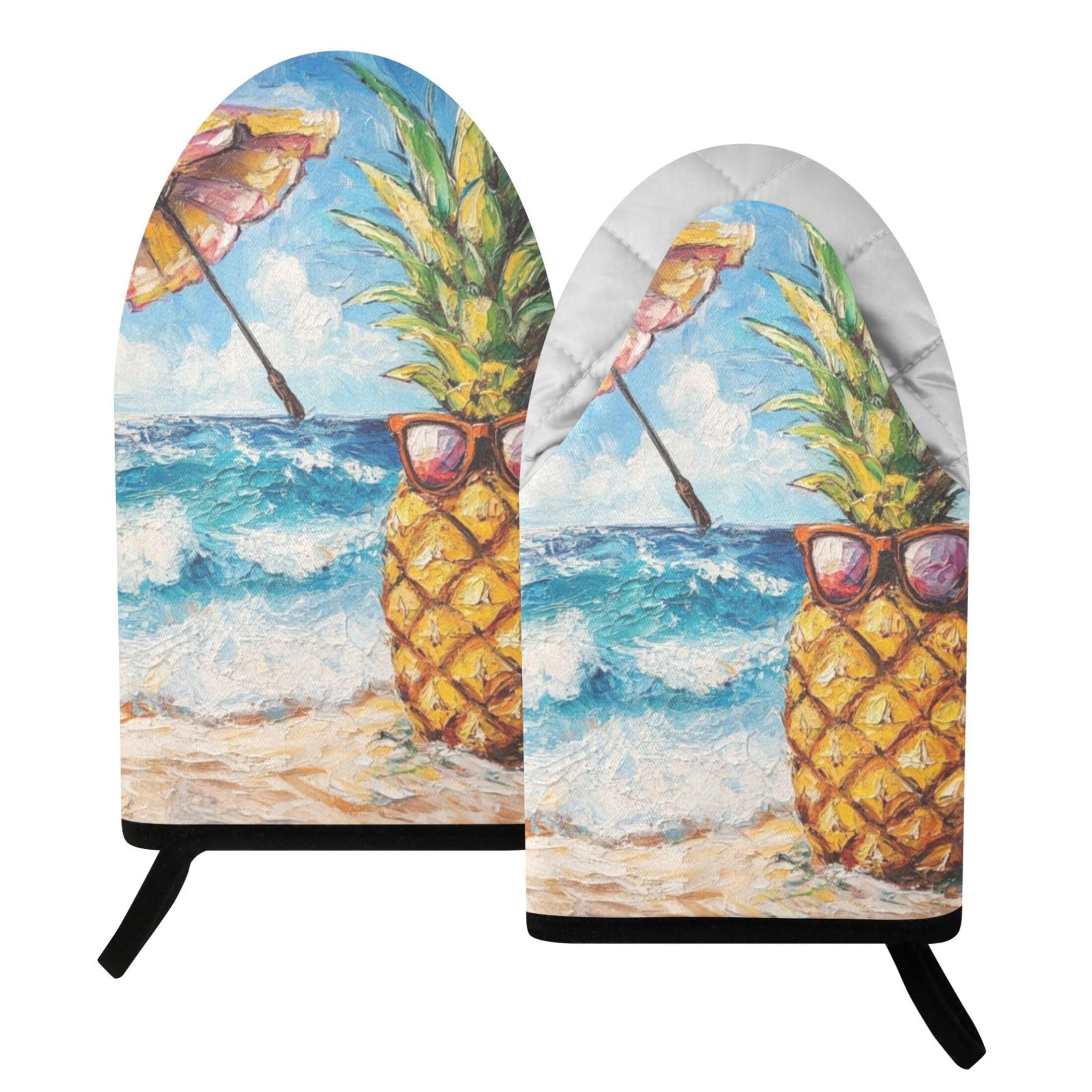 Fuauuyl Oven Mitts Heat Resistant Kitchen Gloves, Summer Pineapple Classic Oven Gloves with Hanging Loop for Baking BBQ Cooking Grilling, 1 Pair, 9.5 in