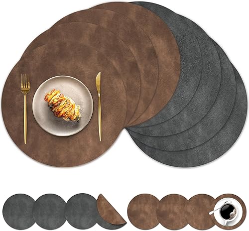 Miniatura 9 de Juego de 6 manteles individuales redondos y posavasos, manteles individuales reversibles lavables de cuero sintético con patrón de cuero de vaca,
