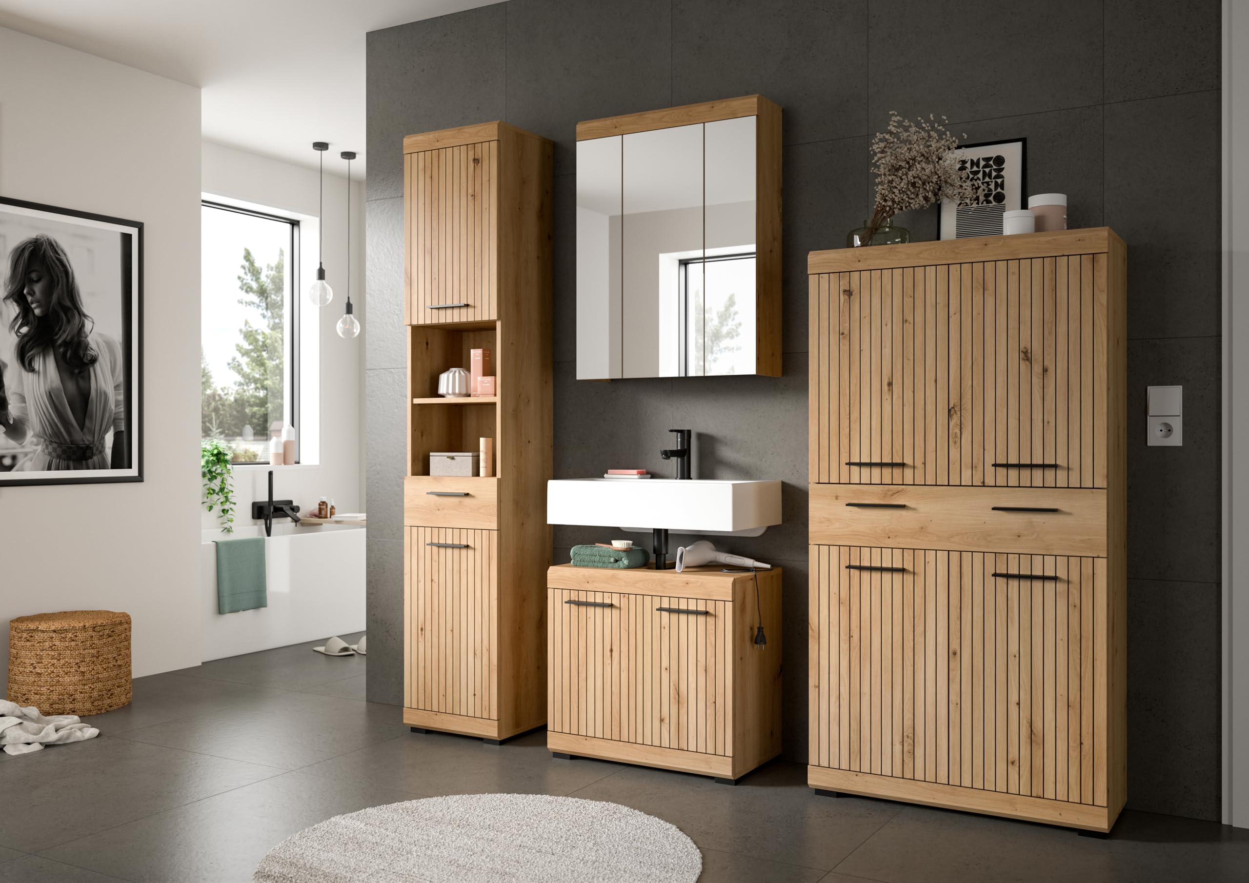 xonox.home – Midischrank Scout 74x141x31 cm in Artisan & Schwarz – Mittelhoher Badschrank mit 4 Türen & 1 Schubkasten –eschlossene Fächer bieten optimalen Platz für Ihre tägliche Routine im Bad – Bild 5