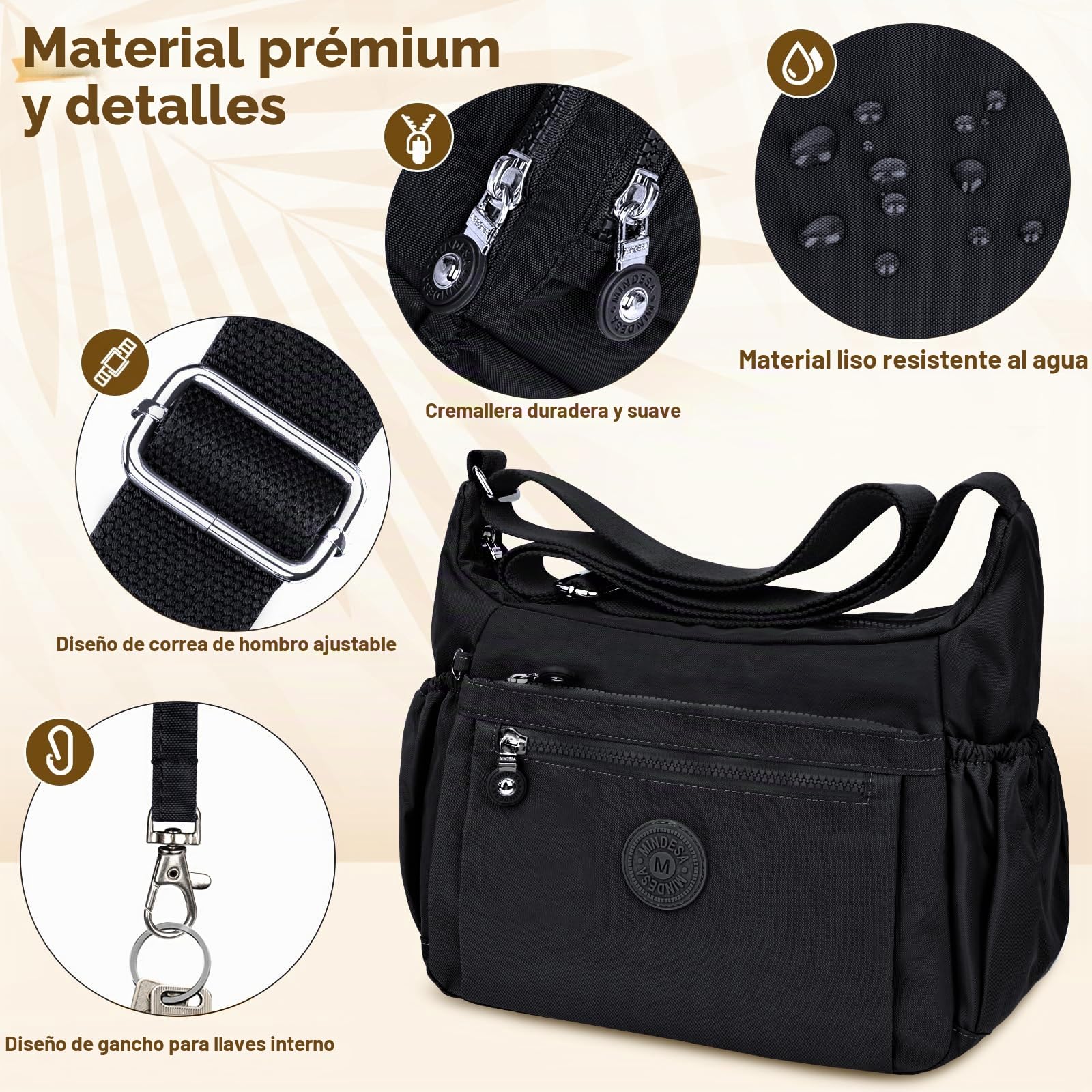 Bolso Bandolera Mujer Grande, Bolso de Hombro Nylon Impermeable con Correa Ajustable Bolsos Bandolera Mujer con Múltiples Bolsillos Bolso Crossbody Mujer Casual Ligero