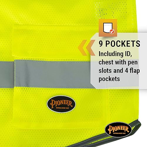 Miniatura 3 de Pioneer Chaleco de seguridad para hombre, malla reflectante Hi Vis, 9 bolsillos, cremallera, construcción, tráfico, trabajo de seguridad, naranja,