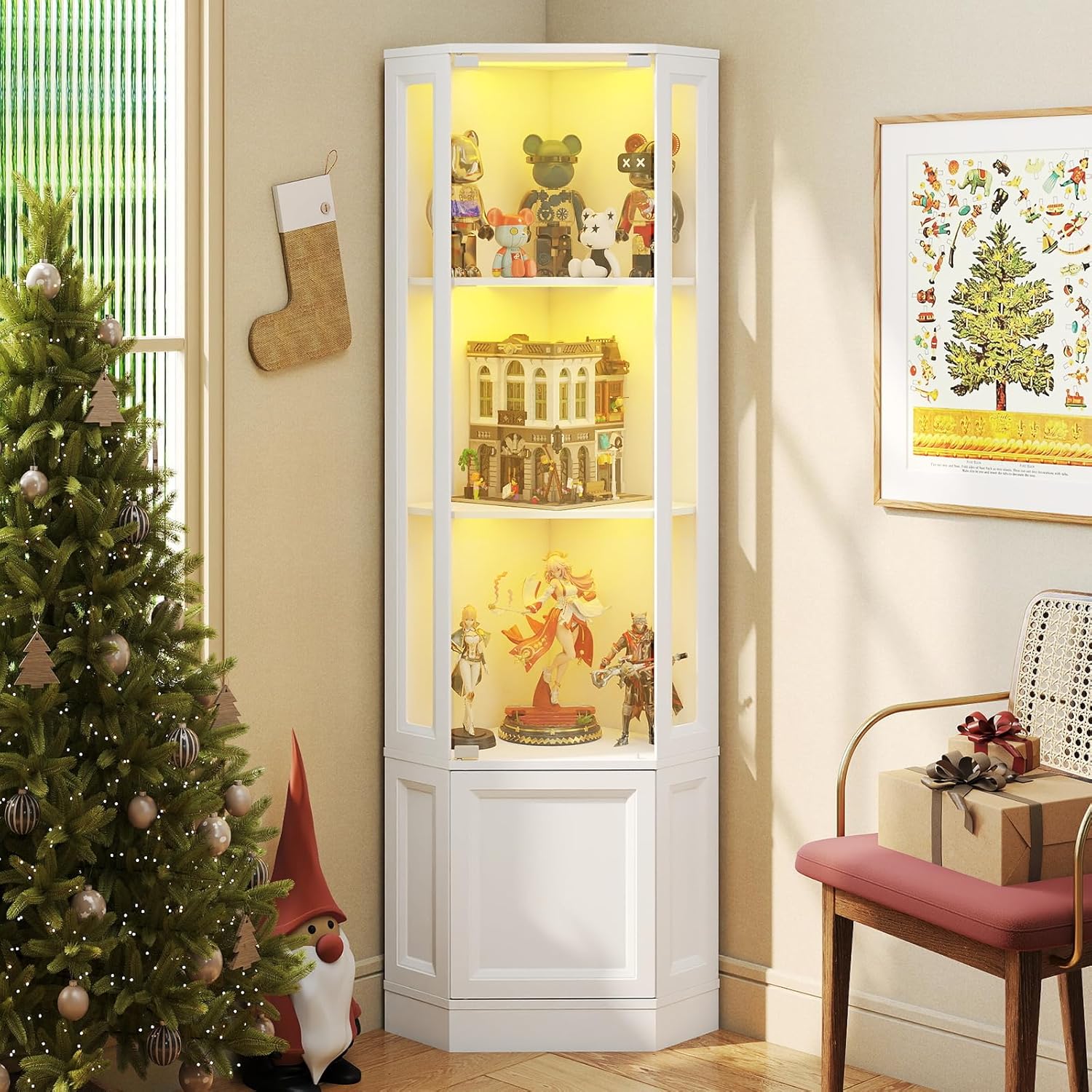 Verano Garden Corner Display Cabinet with Glass Doors, 65" Curio Cabinet w/Multi-Color LED Lights, 4-Tier Lighted Storage Display Case for Collectibles, Showcase Cabinet for Living/Game Room (White)