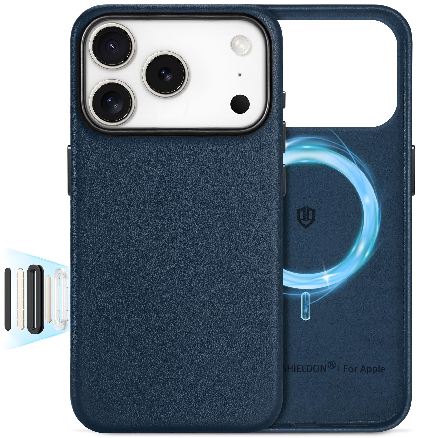 Photo 1 of SHIELDON Genuine Leather Case for iPhone 17 Pro 6.3" 2025, [Camera Button Updated], Compatible with Magsafe, Magnetic Wireless Charging, Slim Fit, Shockproof, Metal Button, Camera Bezel - Navy Blue