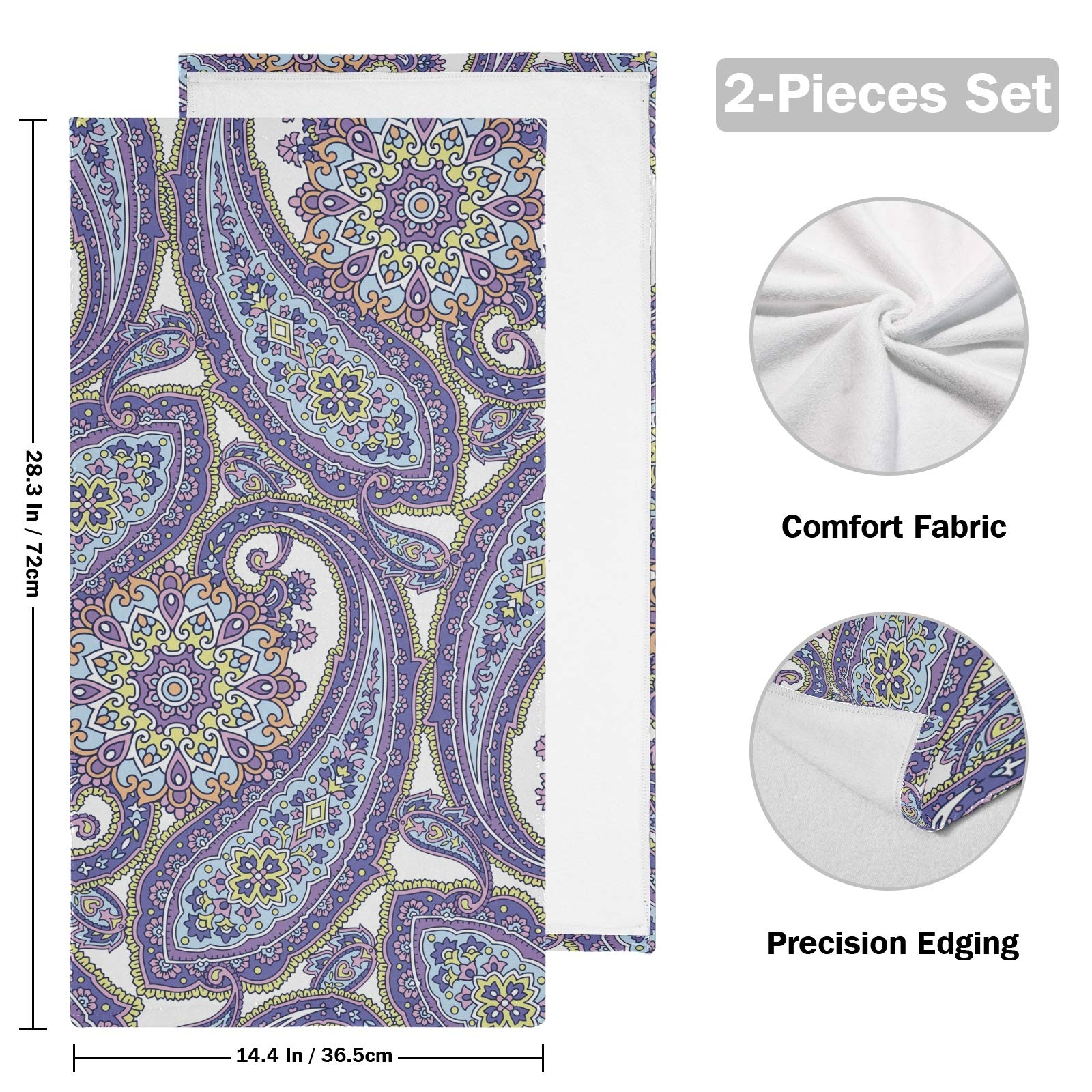 ALAZA Washcloths Towel Set of 2, Purple Paisley Hand Towels Multipurpose for Bathroom Hotel Spa Kitchen, 28 x 14 inch