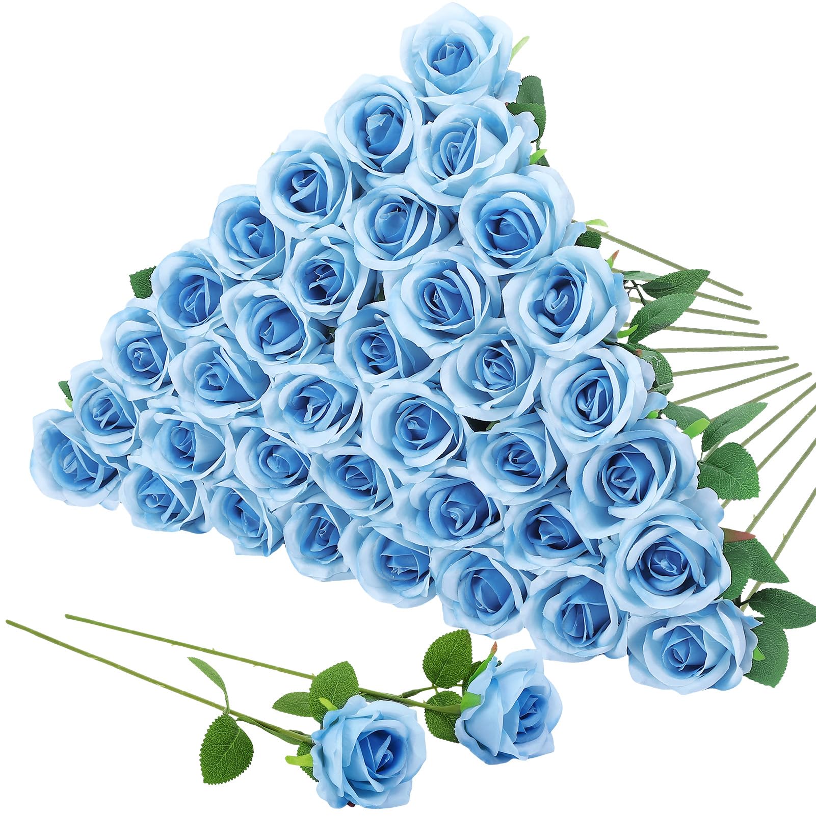 Hoemwarm 36 Pcs Sky Blue Artificial Roses Long Stems