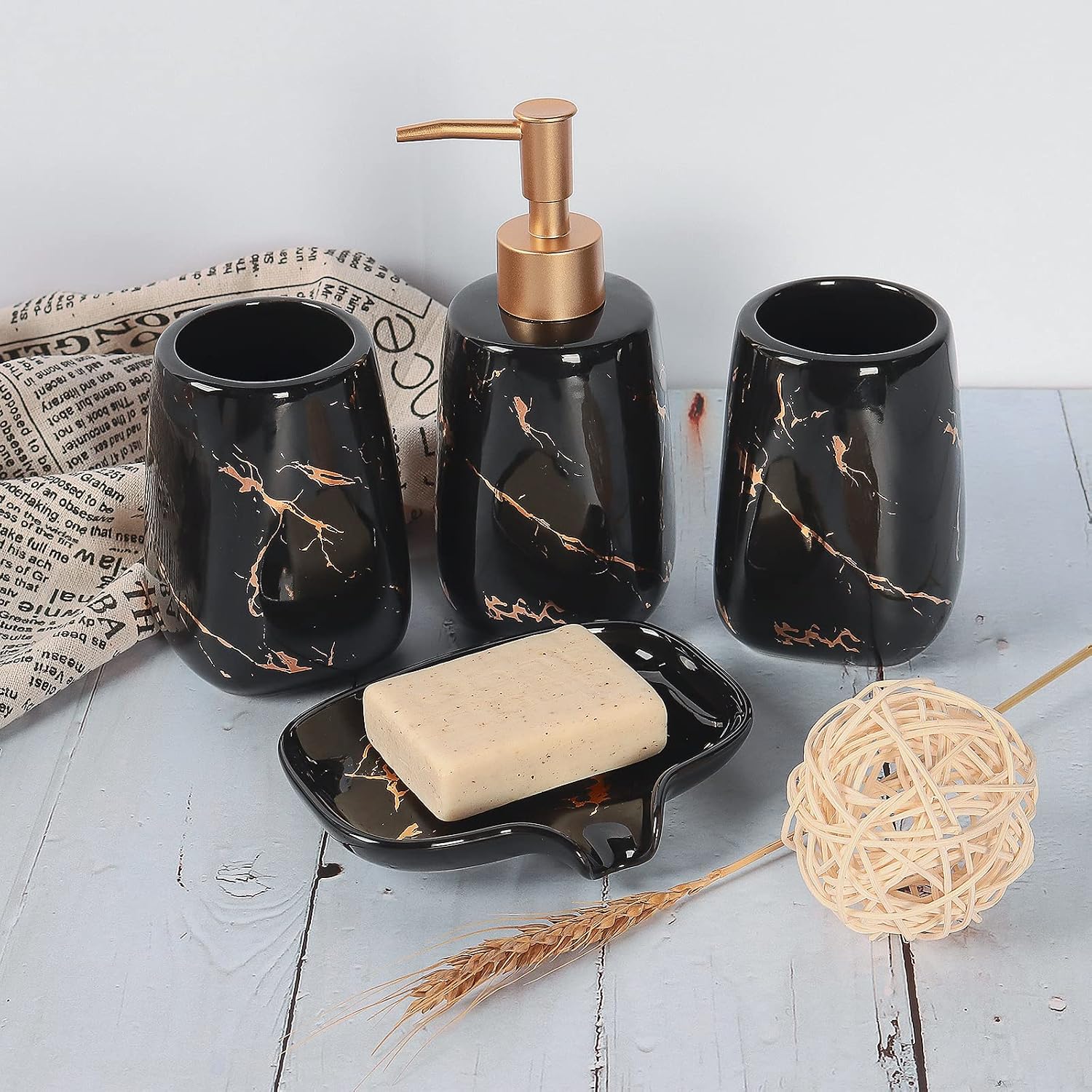4 Pcs Creative Golden Black Ceramics Bathroom Accessories Set, Include Lotion Dispenser Soap Pump, Toothbrush Holder, Tumblers, Soap Dish (Ceramic Black)