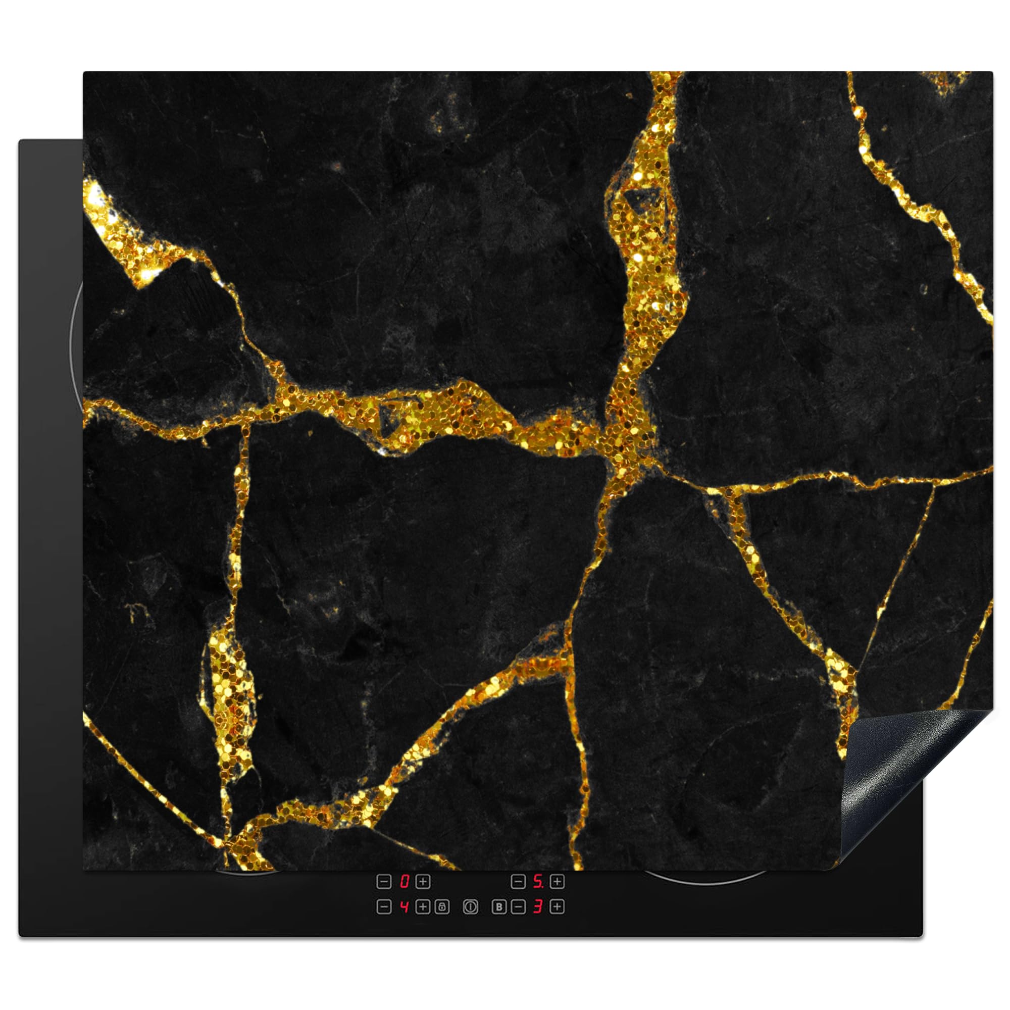 KitchenYeah© Induction Hob Cover Protector Mat 20.3"x22.7" / 57.6x51.6 cm Kitchen Universal Ceramic Covers for Electric Cookers Vinyl Marble - Gold - Black - Marble Look - Glitter