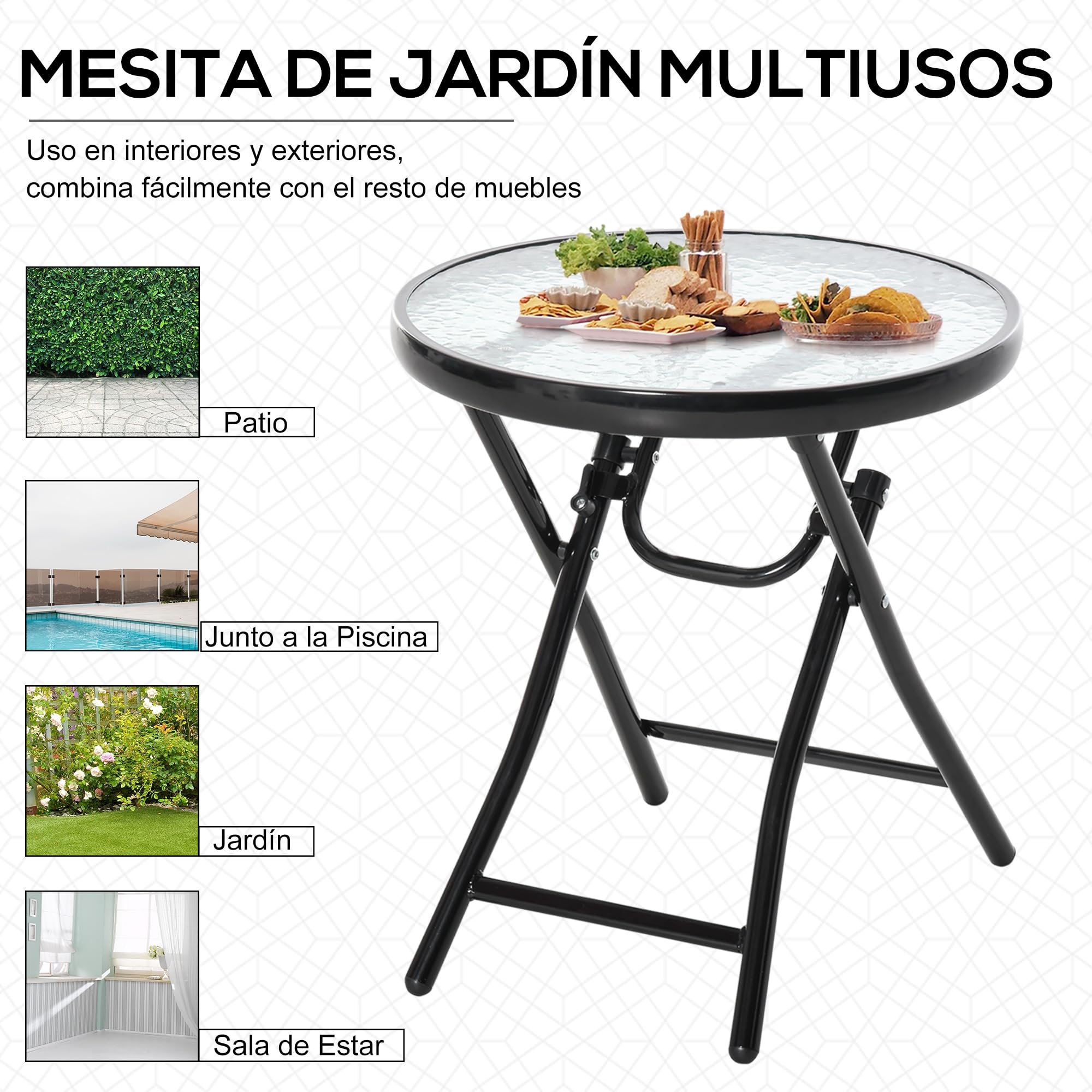 Outsunny Mesa de Vidrio Redonda Plegable Mesa de Jardín con Hebilla de Seguridad Borde Cubierto de Metal Patio Interior y Exterior Ø45x50 cm Negro