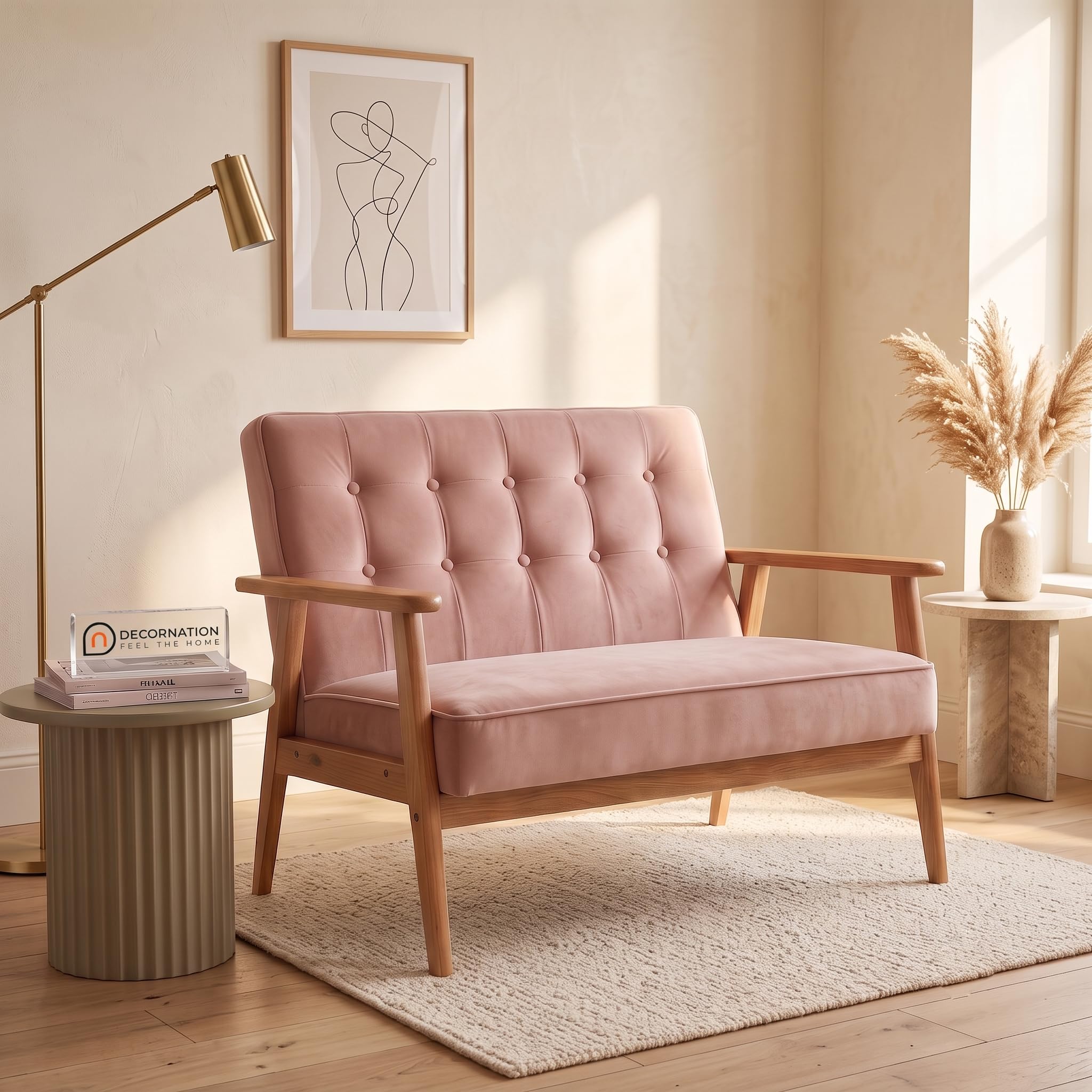 DecorNation Iris Solid Wood Loveseat with Pink Velvet Upholstery - Oak & Beech Wood 2-Seater Sofa for Living Room, Bedroom-picture-30