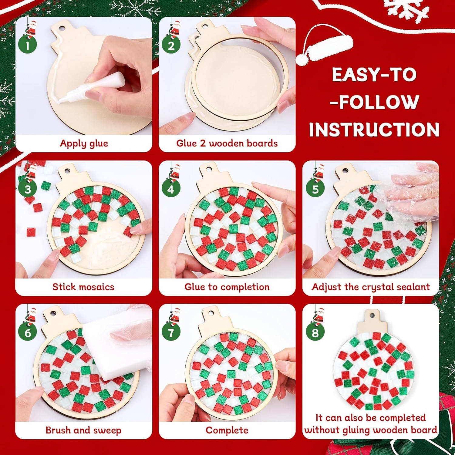 6 Set Christmas DIY Mosaic Tiles Crafts Kits for Adults Xmas Wooden Coasters with Hole Mixed Color Glass Mosaic Christmas Ornaments Crafts Kits for Holiday Indoor Home Decor Handmade Art Gifts