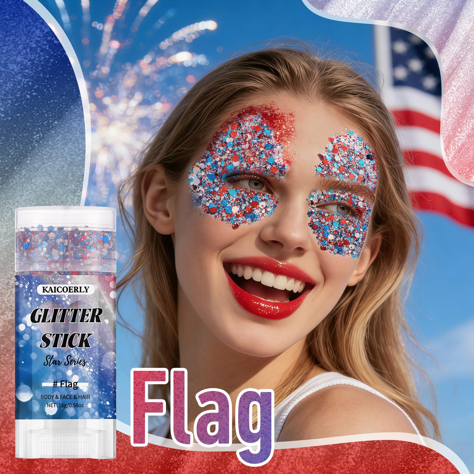 Red White and Blue Face Body Glitter Stick, Chunky Sequins Body Face Glitter for Women Girls, Sparkle Patriotic Pride Chunky Glitter Makeup for Memorial Day, 4th of July Accessories Outfits