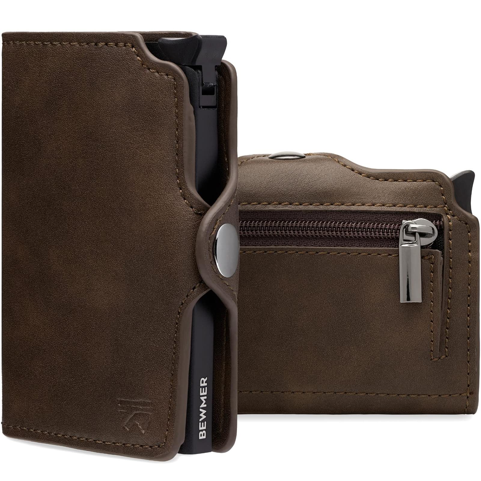 BEWMER Porta Carte di Credito 1 ZIP Schermato | Portafoglio Slim da Uomo e Donna | Porta Tessere e Documenti con Rfid Protection e Fermasoldi in Carbon Fiber (Marrone con Zip)