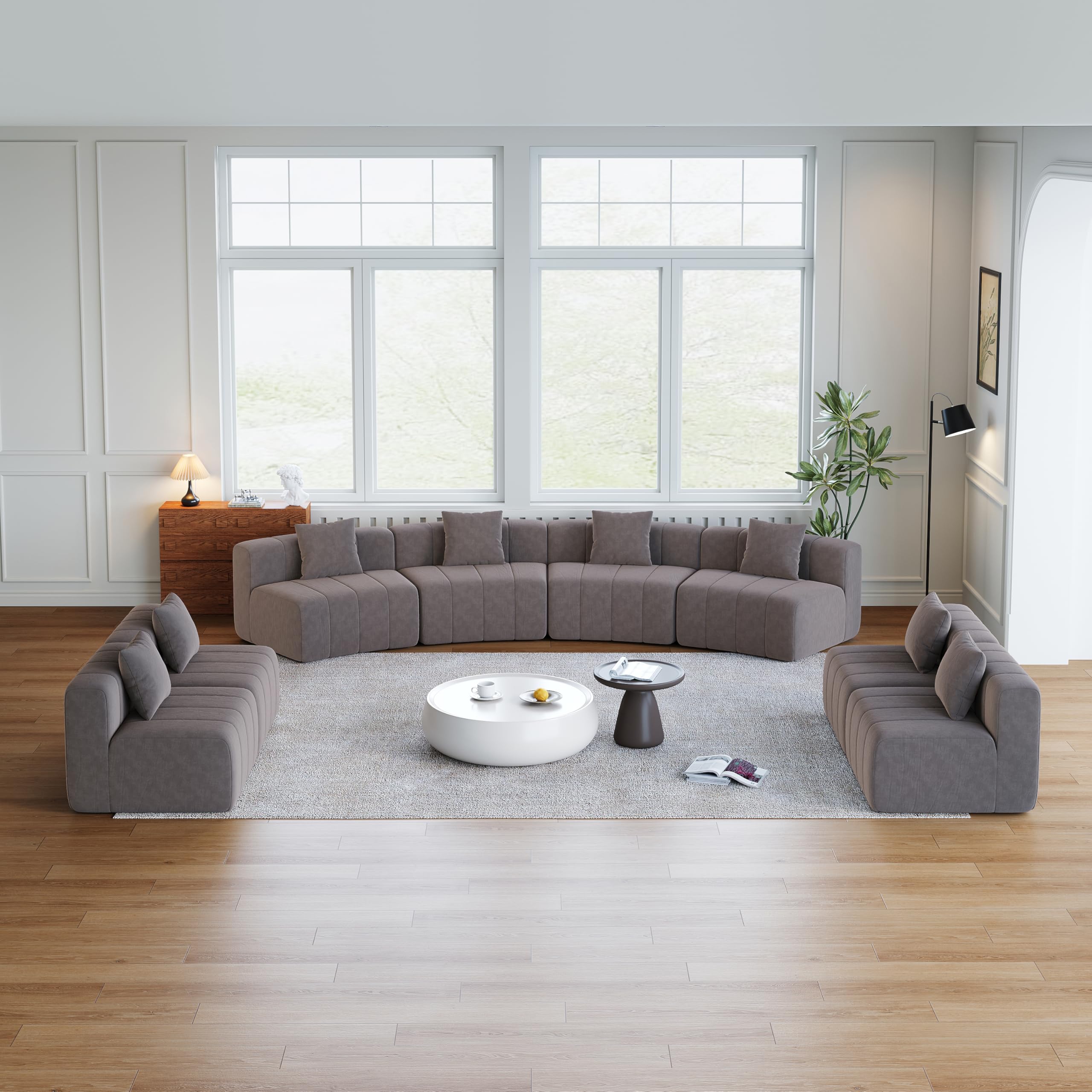 Sofá modular de chenilla semicircular con 2 cojines, moderno y