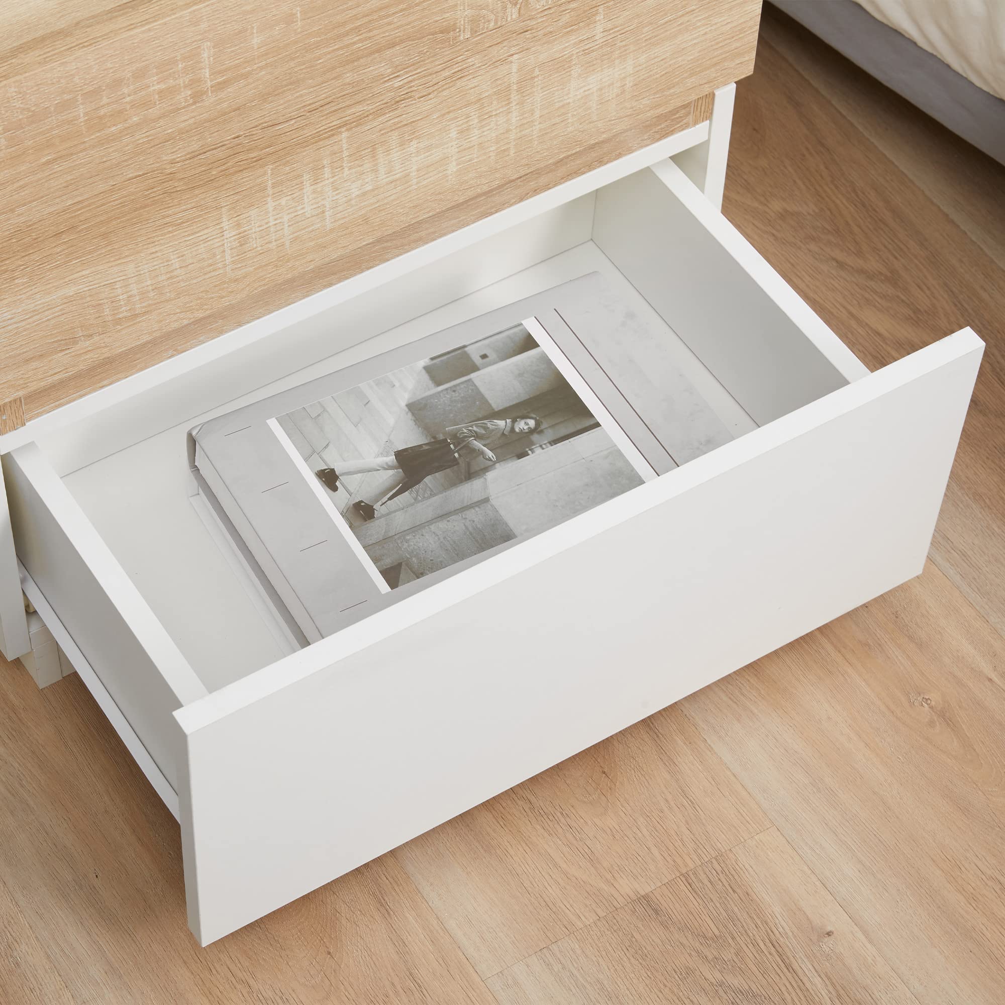 HOMCOM Comodino 2 Cassetti Design Moderno e Impilabile, Tavolino per Soggiorno e Salotto in Legno, 50x40x47.5cm, Bianco e Legno
