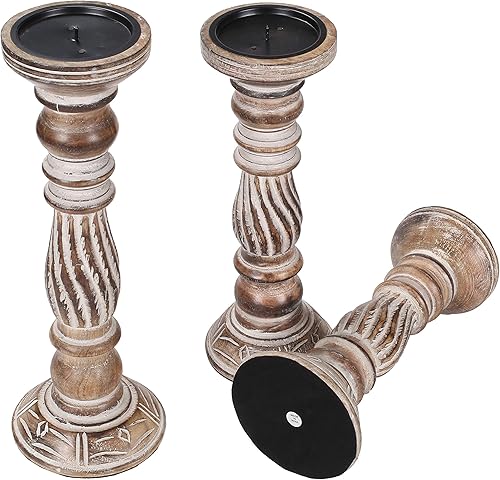 Miniatura 4 de Juego de 3 portavelas de madera (color - acabado natural, tamaño -14, 12 pulgadas, 10 pulgadas), portavelas de madera, portavelas Unity, columnas