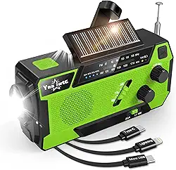 Yesiwtc Rádio meteorológico de emergência NOAA de 7400 mWh com cabo de carregamento 3 em 1 - Rádio de alerta de manivela solar - 3 métodos de fonte de alimentação - Alarme SOS, lanterna para