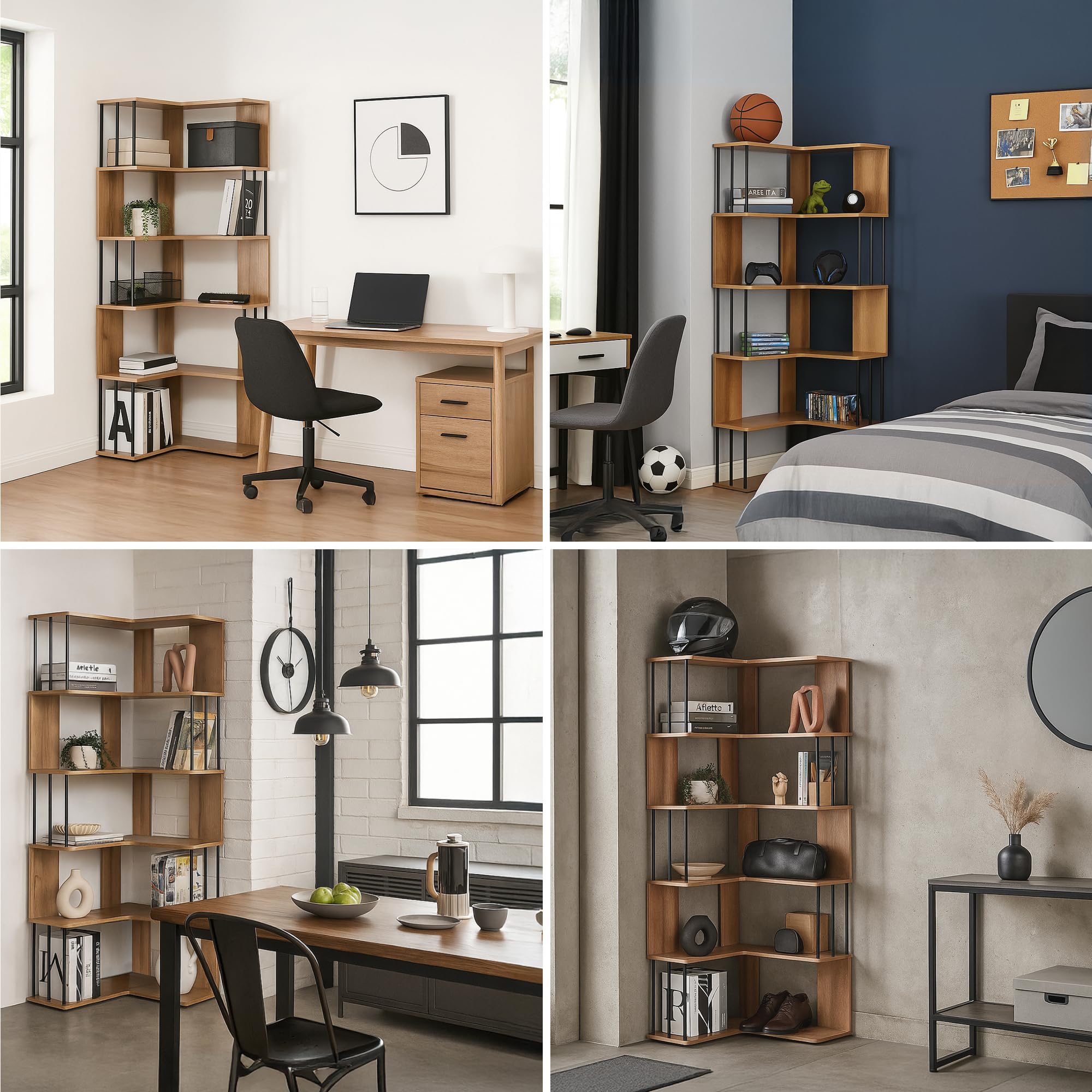 [en.casa] Eckregal Afrel Bücherregal mit 5 Ebenen 160 x 54 x 54 cm offenes Regal Standregal für Wohnzimmer Büro Schlafzimmer Eicheoptik