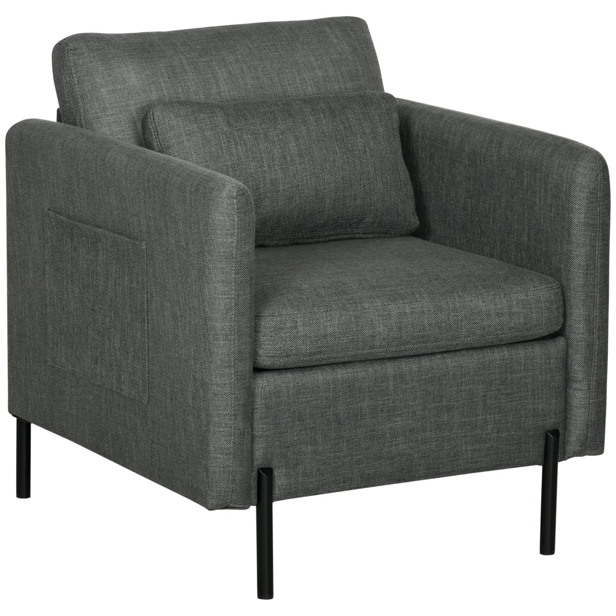HOMCOM Poltroncina Moderna in Tessuto Effetto Lino con Gambe in Acciaio e Tasche Laterali, 73x73x80cm, Grigio