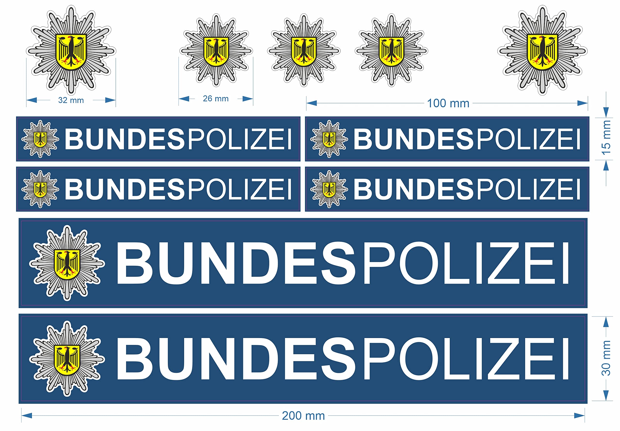 beihaasnatuerlich® Bundespolizei Aufkleber - 11-teiliges Polizei Sticker Set - kratzfest - wetterbeständig - Zubehör für Bobbycar, Fahrrad, Laufrad, Modellbau, Bike, Boot, Auto - Plakette RC