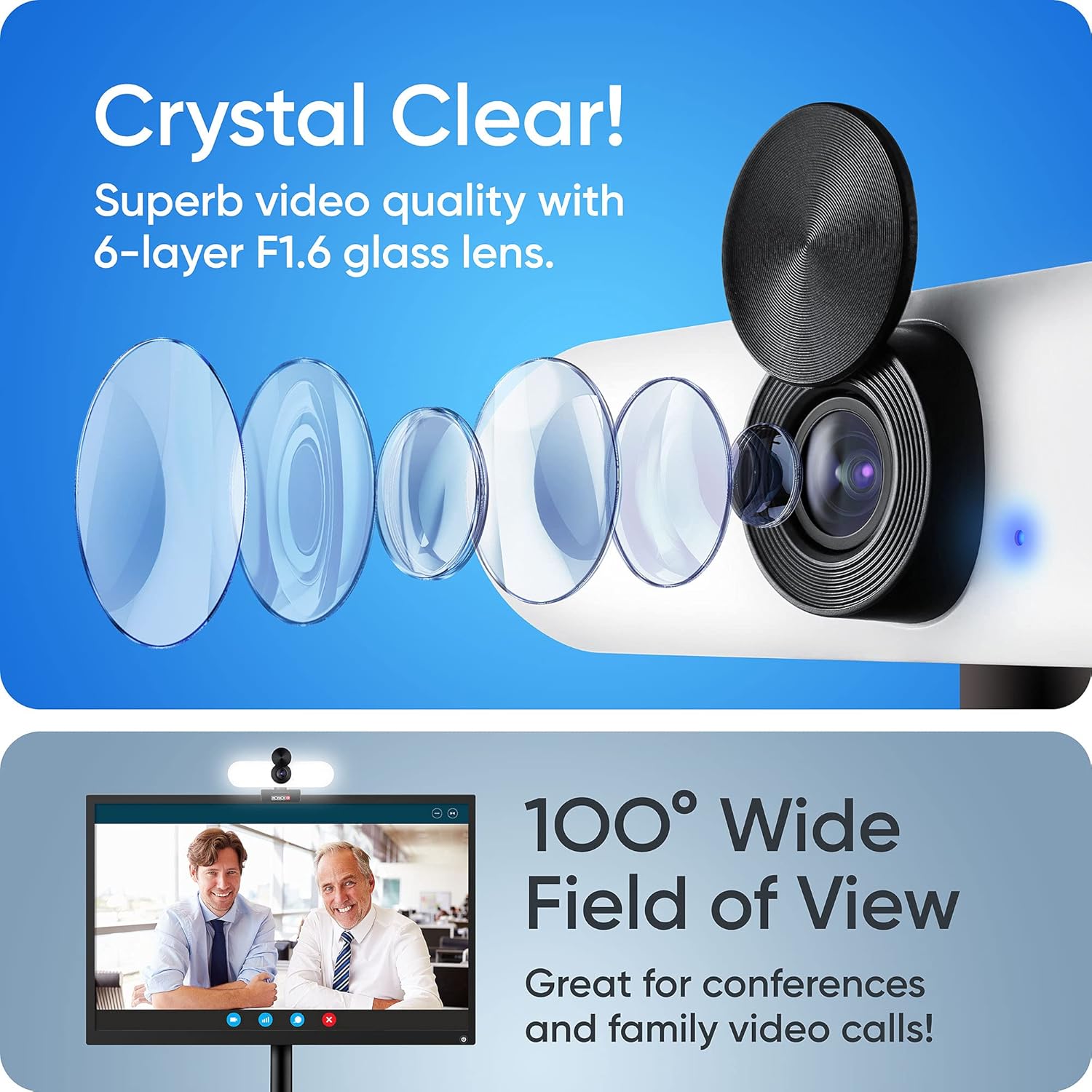 Crystal clear video quality with 6-layer F1.6 glass lens and 100 degree wide field of view