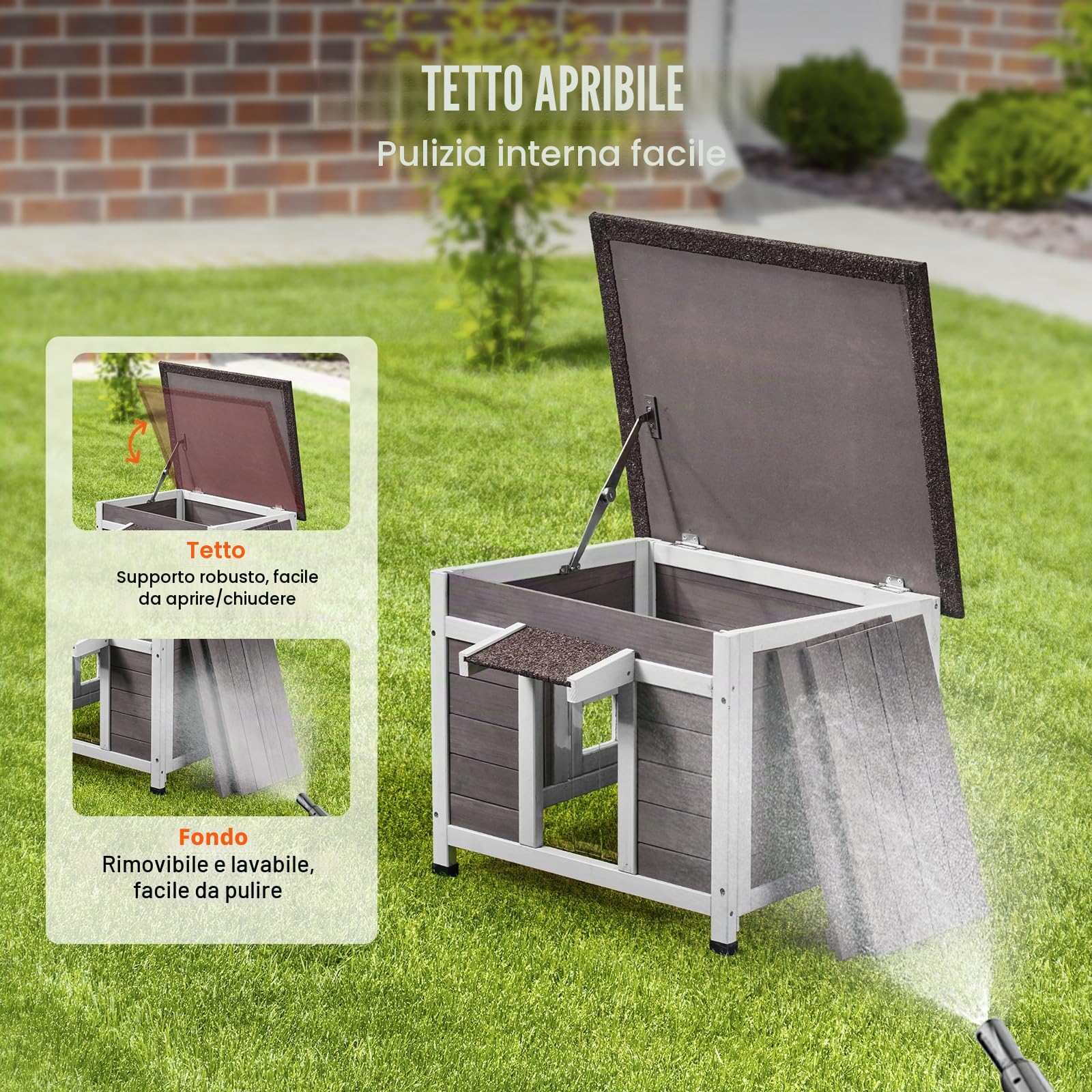VEVOR Cuccia per Gatti da Esterno, 600x530x465 mm, Cuccia Rifugio per Gatti in Legno, Resistente alle Intemperie, Tetto Aperto, Porta a Ribalta, Capanna per Riparo per Gatti Animali Piccoli, Grigio