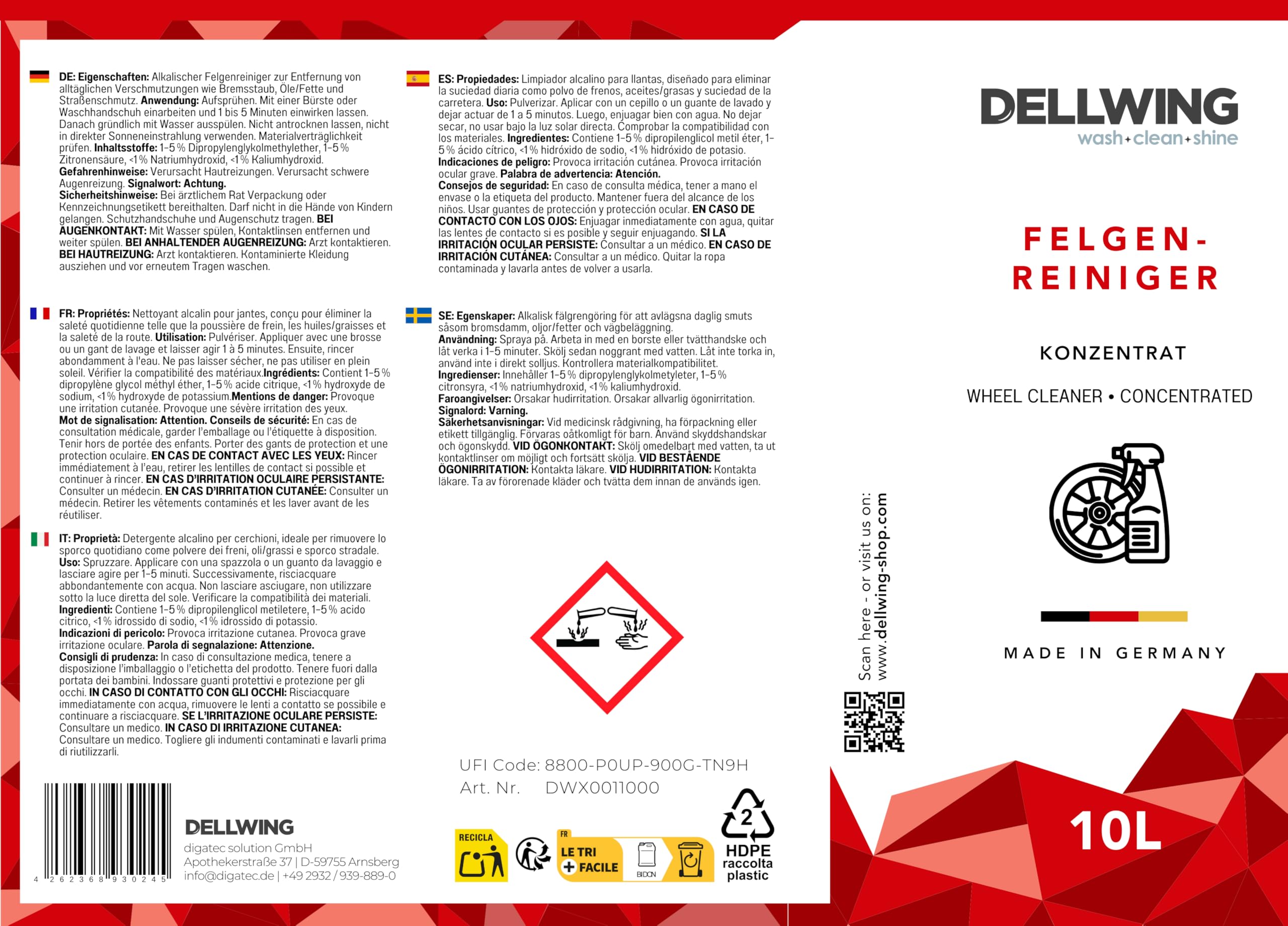 Dellwing Felgenreiniger Konzentrat 10 l, hoch alkalischer Reiniger für alle Felgenarten, säurefrei, Auto-Zubehör, Made in Germany