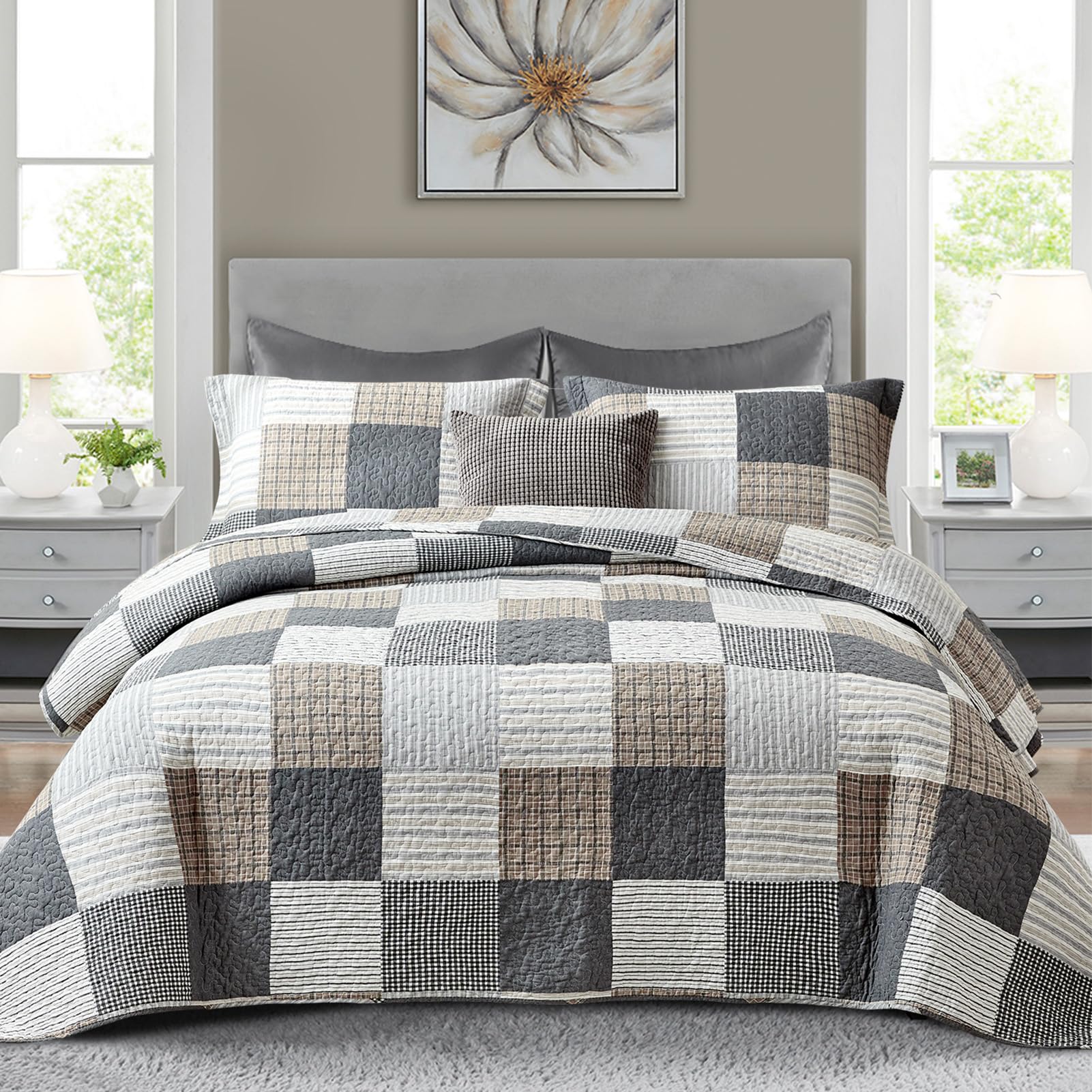 Finlonte Quilts Queen Size - 100% Cotton Plaid Queen Comforter Set Farmhouse Modern Quilt Bedding Set, Reversible Lightweight Soft Bedspread, Grey Brown White Quilted Coverlet All-Season, 3-Piece