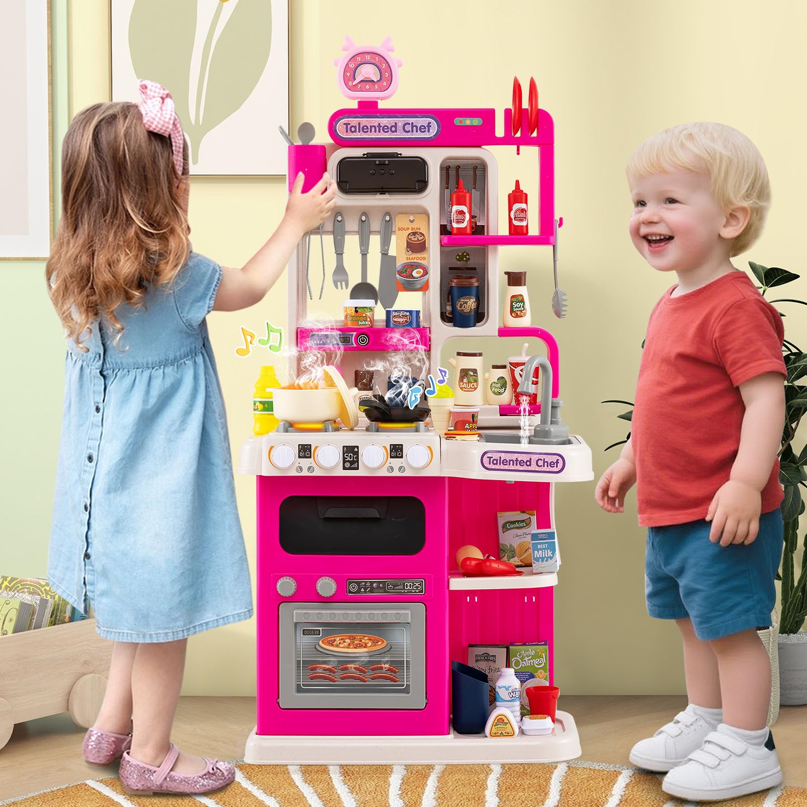 HOMASIS Set Cucina Giocattolo con 54 Pezzi, Gioco da Cucina con Luci e Suoni Realistici, Simulatore di Fornelli con Spruzzo e Lavello con Acqua Automatica, per Bambini dai 3+ Anni (Rosa)